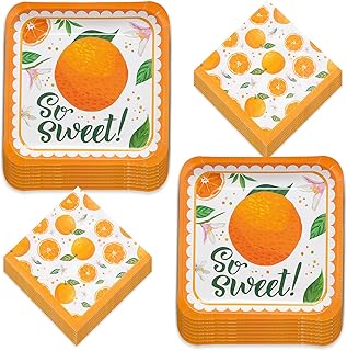 Little Cutie Party Clementine Orange Citrus Paper Dinner Plates and Napkins (Serves 16)