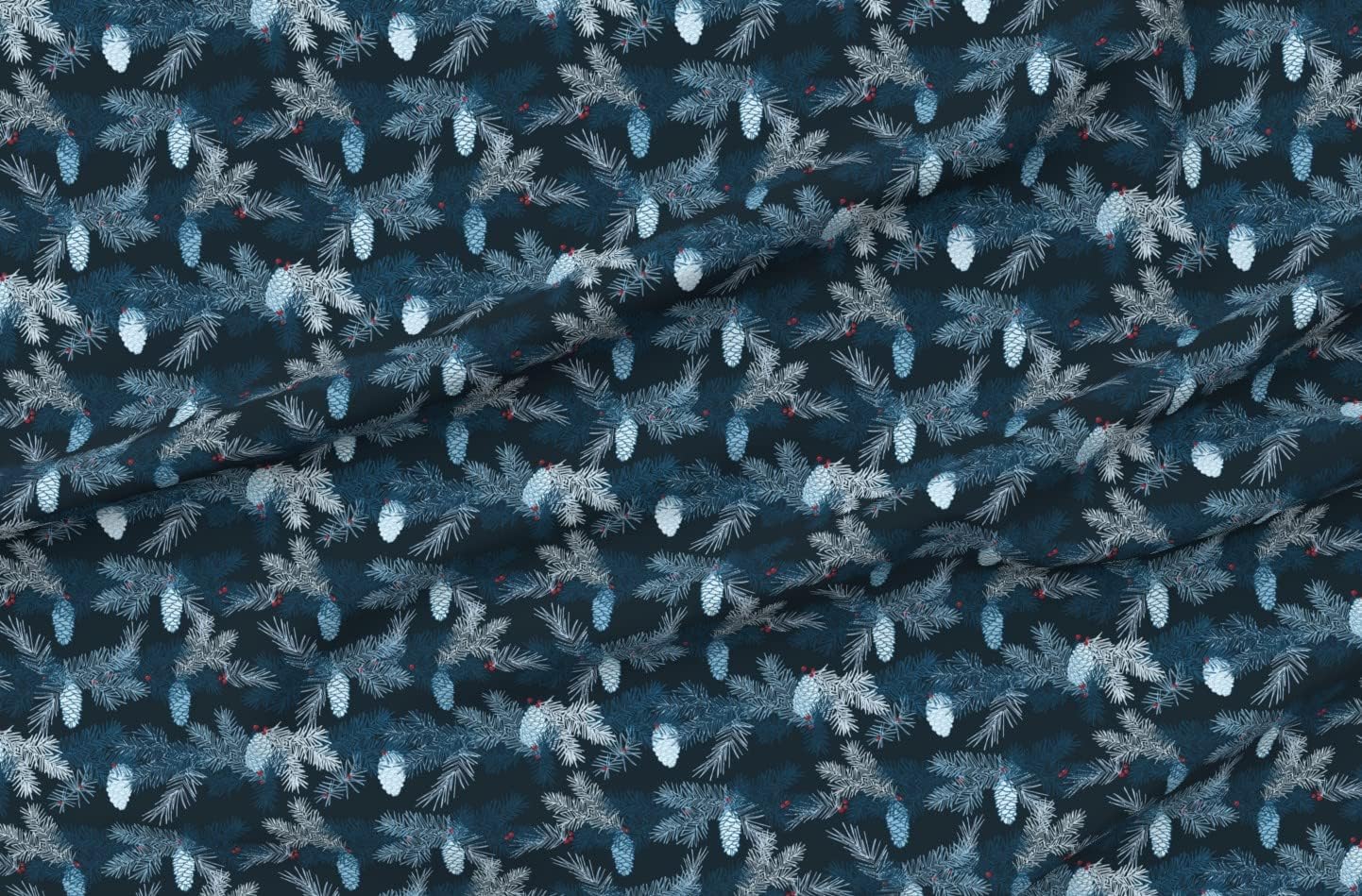 Spoonflower Fabric - Christmas Winter Pine Cone Midnight Tree Branch Forest Frost Blue Printed on Organic Cotton Sateen Fabric by The Yard - Sewing Quilting Apparel Home Decor