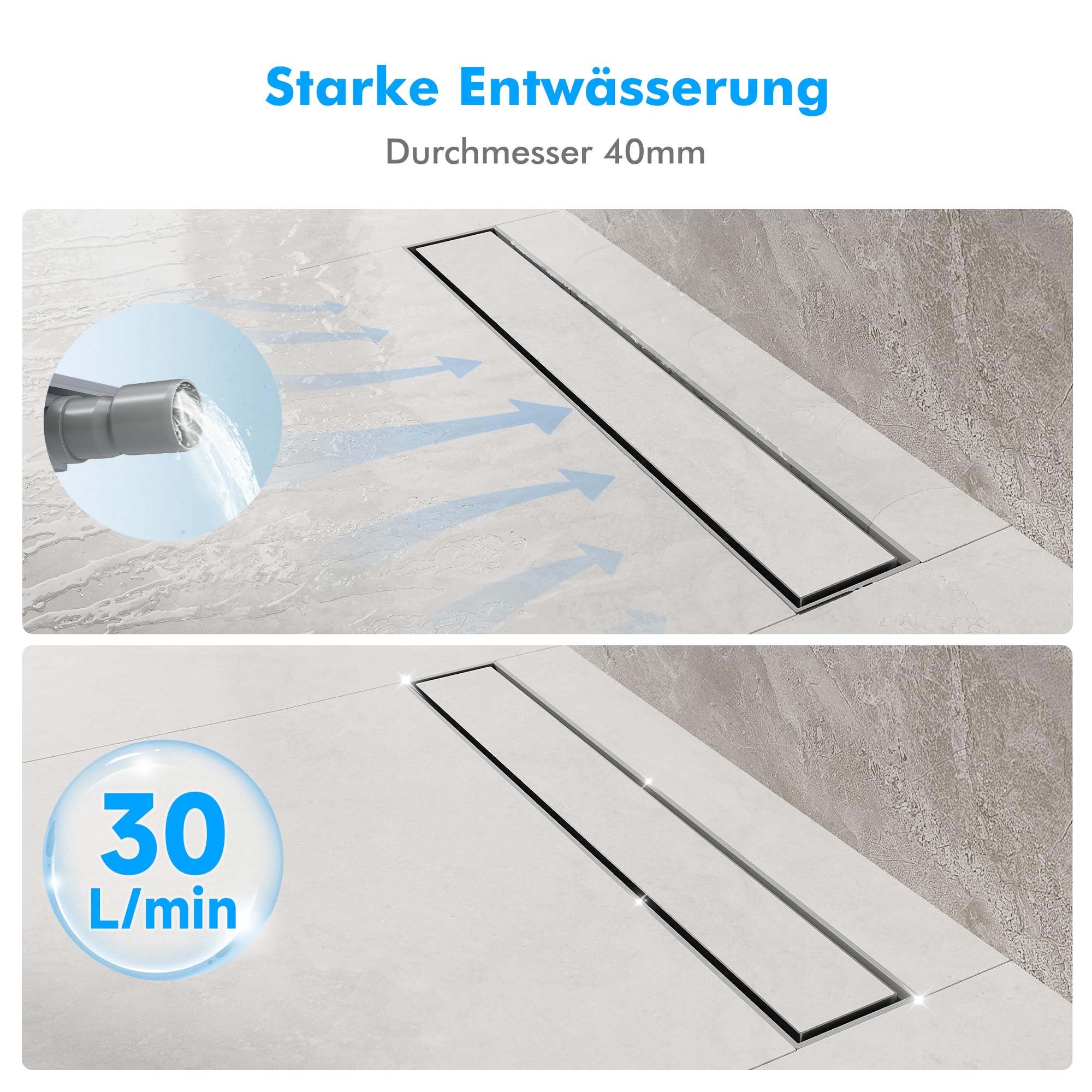 SONNI Caniveau de douche 60 cm | 2 en 1 en acier inoxydable | Avec système anti-odeurs | Passoire à cheveux | Carrelable | Base ABS | Volume d'écoulement de 30 l | 8 pieds réglables