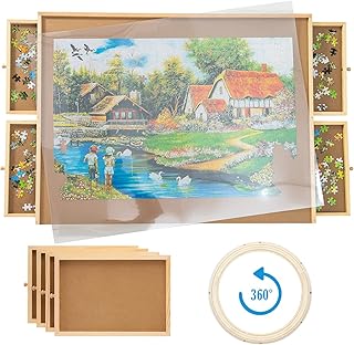 Rotating Jigsaw Puzzle Board Portable Lazy Susan Spinning Puzzle Plateau Table with Storage Drawers and Cover for Adults, 34"x26" Wooden Jumbo Size Jigsaw Puzzle Table for 1500 Pieces Puzzles