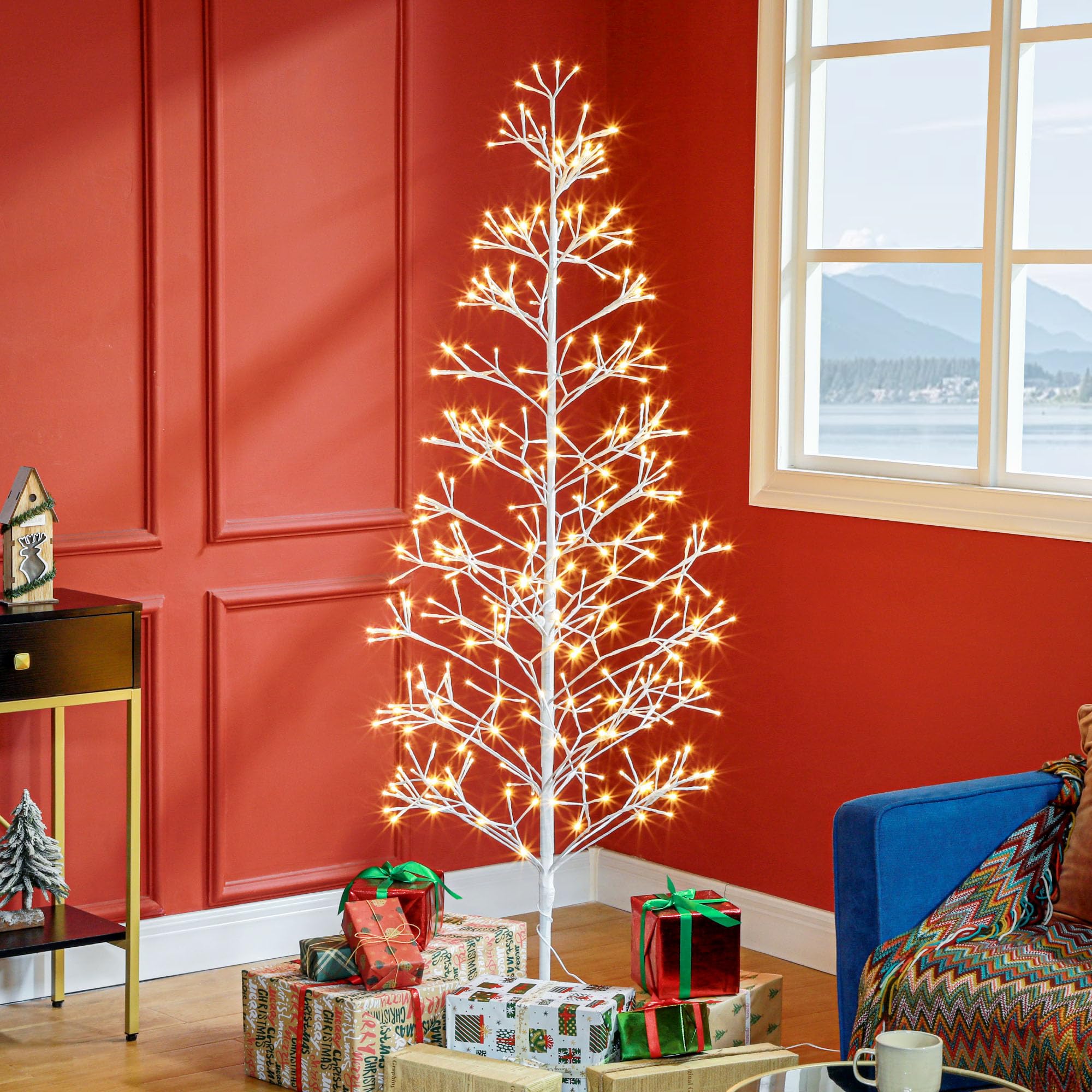 HOMCOM Albero di Natale Artificiale 384 Luci LED Bianche Ø20x180 cm Bianco