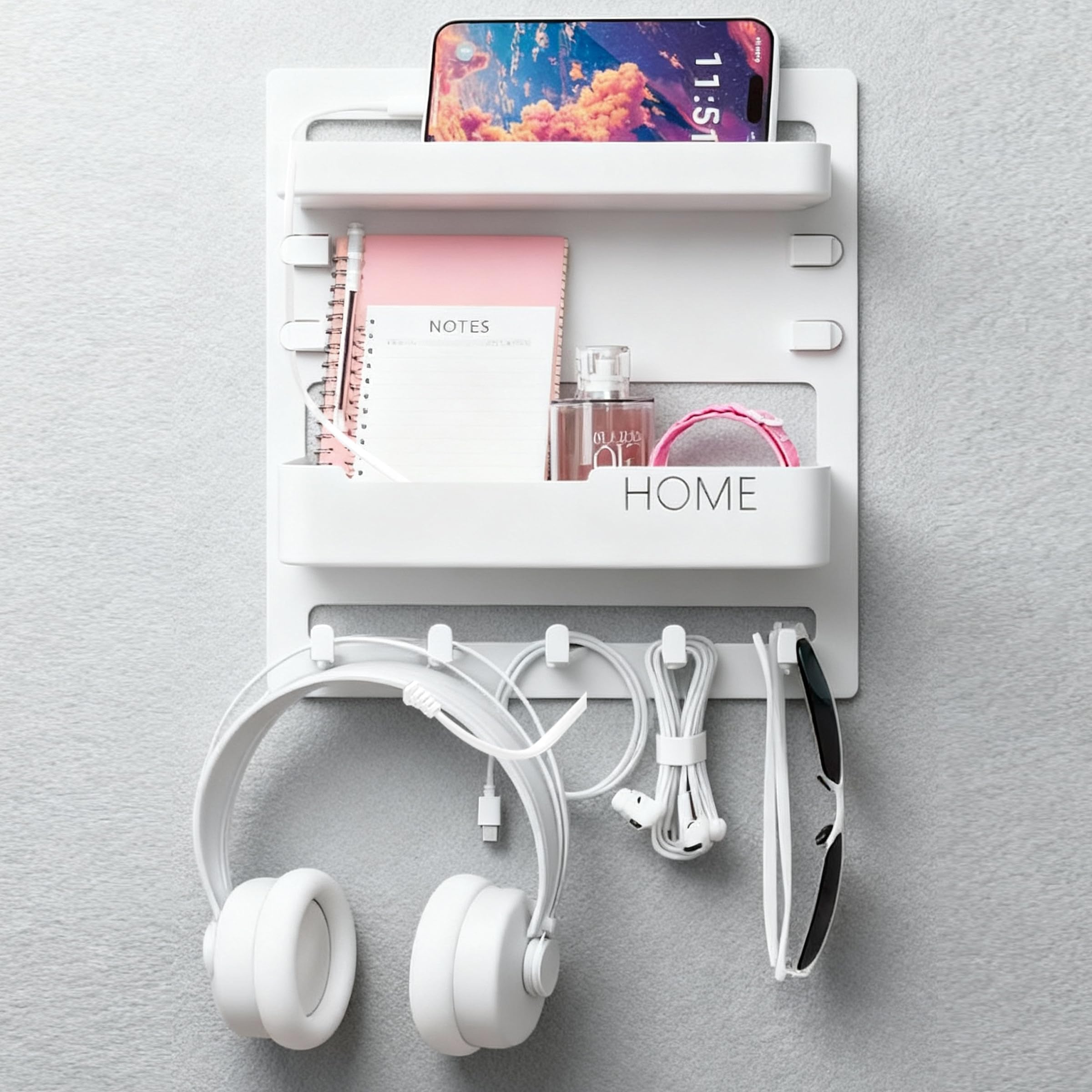 White Wall-Mounted Bedside Shelf, Self Adhesive Floating Shelves with Hooks