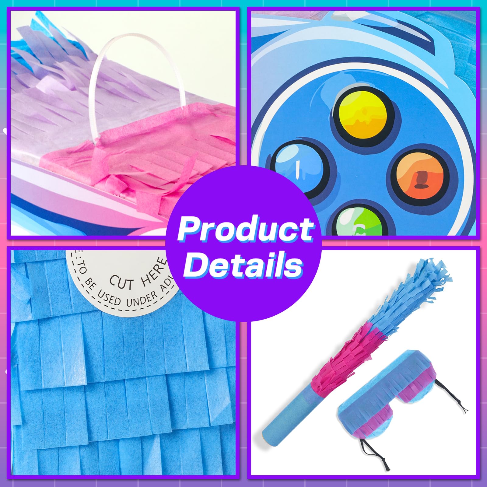 Piñata con palo para los ojos vendados y confeti, piñata de videojuegos para decoración de fiestas de cumpleaños, suministros de fiesta, 16 pulgadas