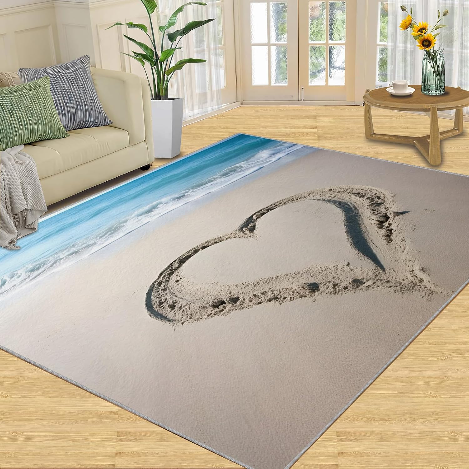 Seaside Heart Rugs for Living Room 3x5 Area Rug, Beach Theme Washable Area Rug, Coastal Carpet, Low Pile Indoor Floor Mat for Bedroom, Beach Home Decor