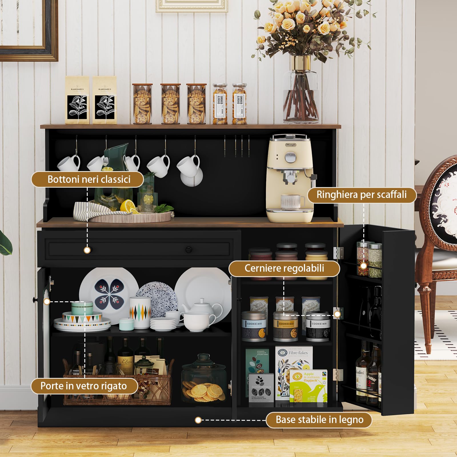 HOLTICO Credenza da Cucina Multifunzione, Armadietto per Microonde con Cassetto e Ganci per Tazze, Buffet Moderno per Soggiorno e Sala da Pranzo, Colore Nero Scuro