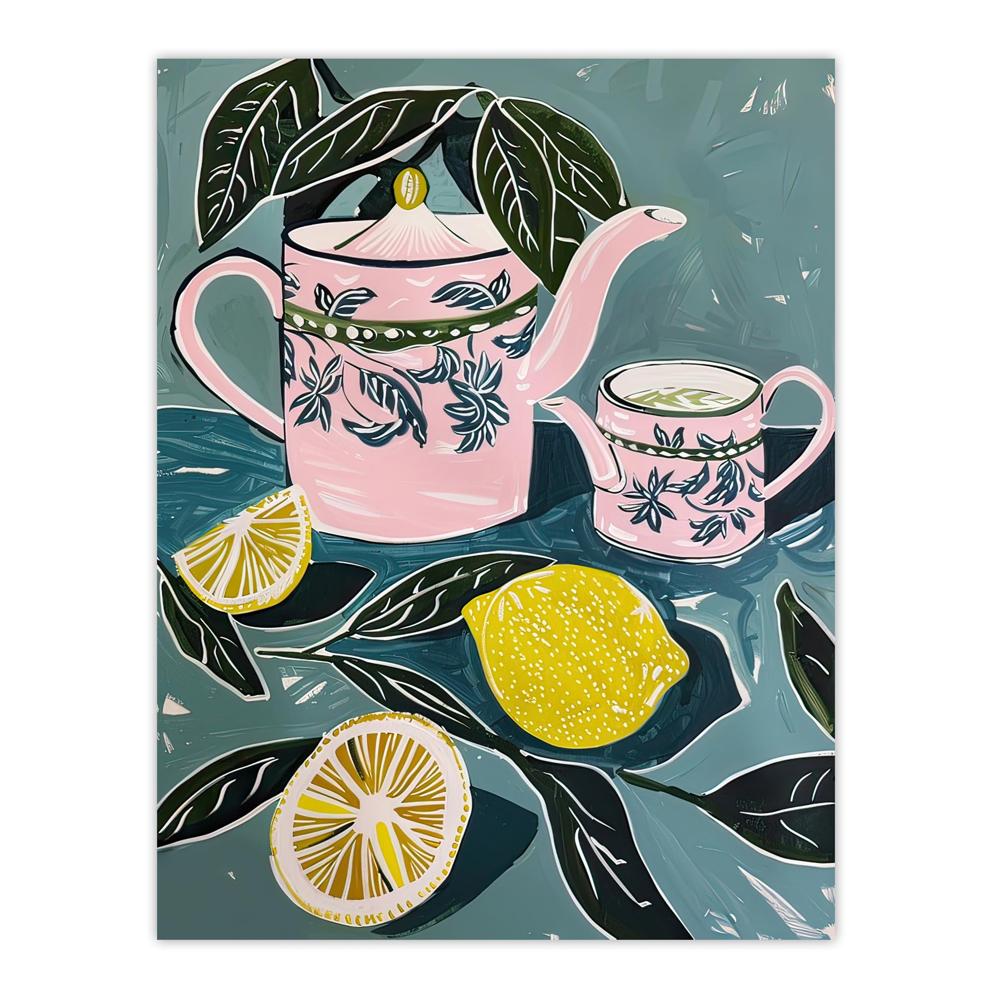 Artery8 Pink Teapot Teacup Lemons Painting Herbal Quirky Kitchen Extra Large XL Wall Art Poster Print