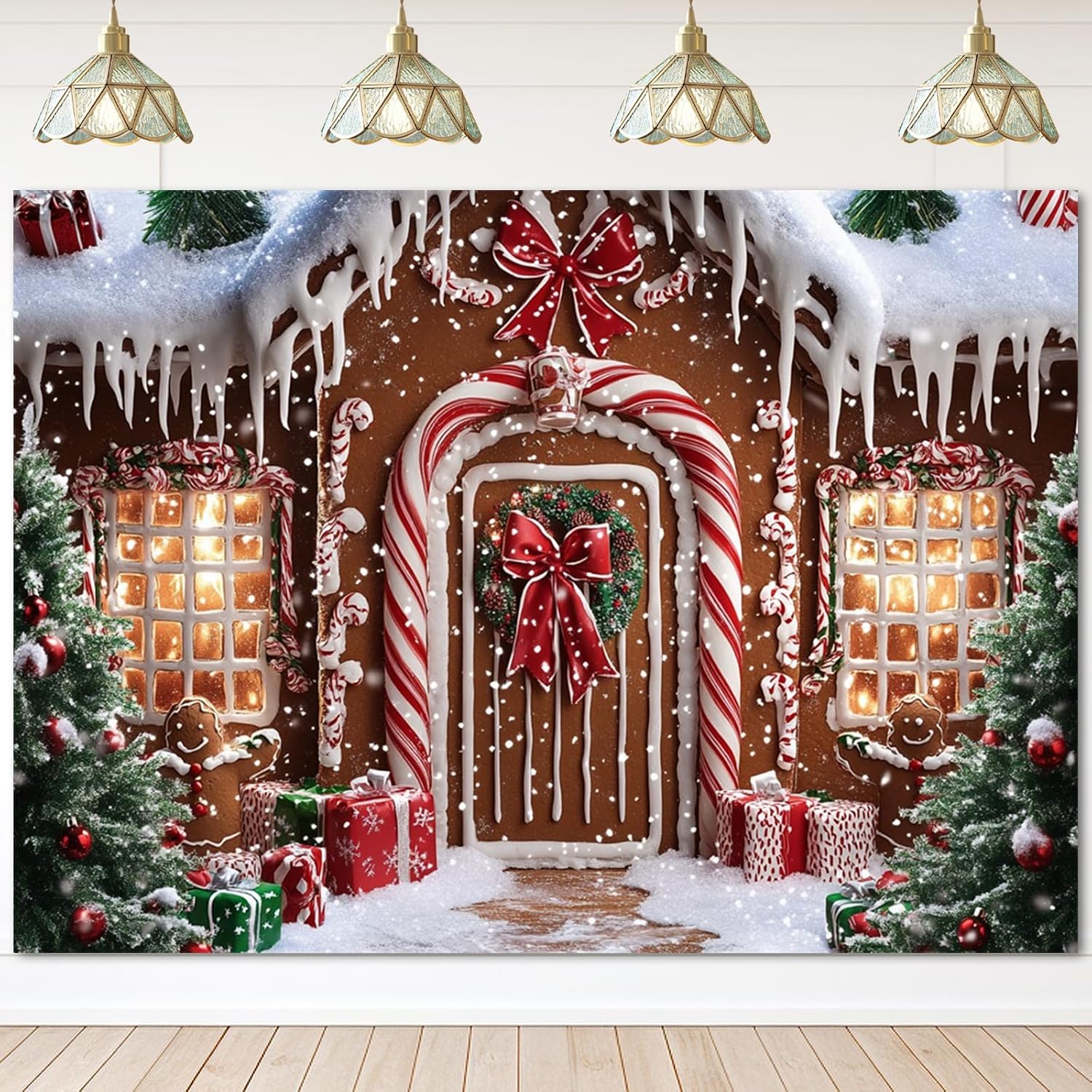 Avezano 7x5ft Christmas Gingerbread House Backdrop Gingerbread Backdrop for Photography Winter Snowflake Banner Merry Xmas Decorations