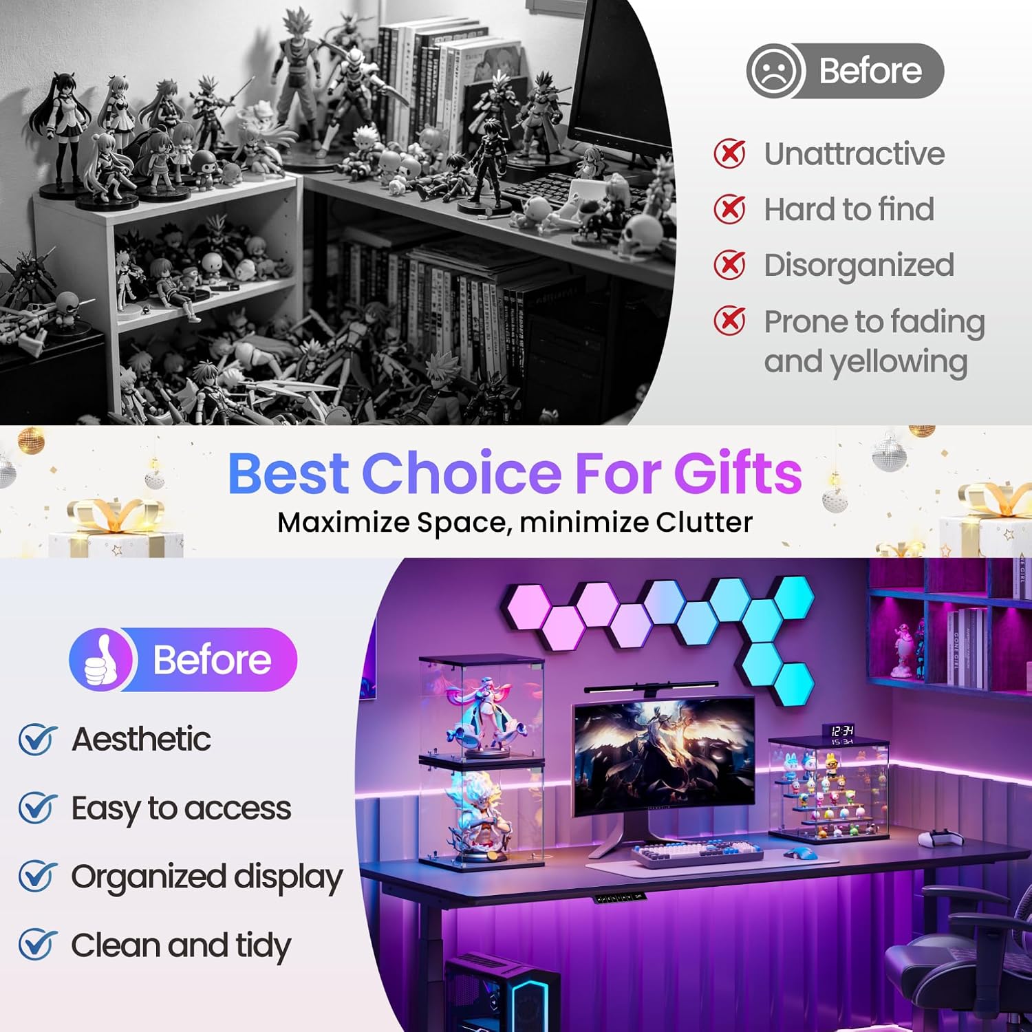 Glass Display Case with RGB Lights - for Collectibles, 5-Tier Adjustable Display Box with Music Rhythm, Dustproof Clear Small Showcase for Mini Figures, Car Models, Cards, Miniatures (Black)