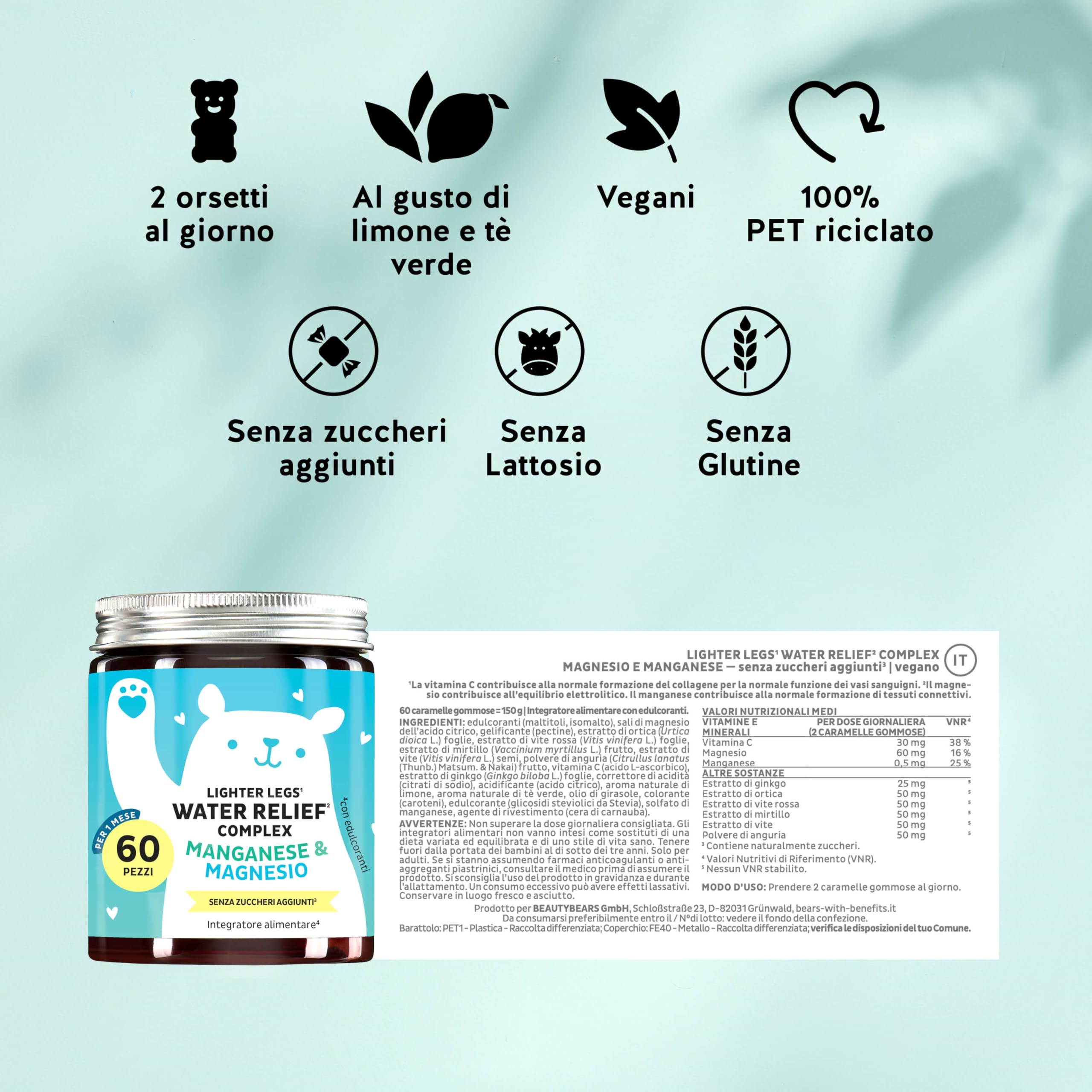 Water Relief Complex - Caramelle Gommose Equilibrio Elettrolitico, Gambe Leggere - Vitamina C, Magnesio, Manganese - 60 pezzi (1 mese) - Senza Zuccheri Aggiunti, Vegan - Bears with Benefits