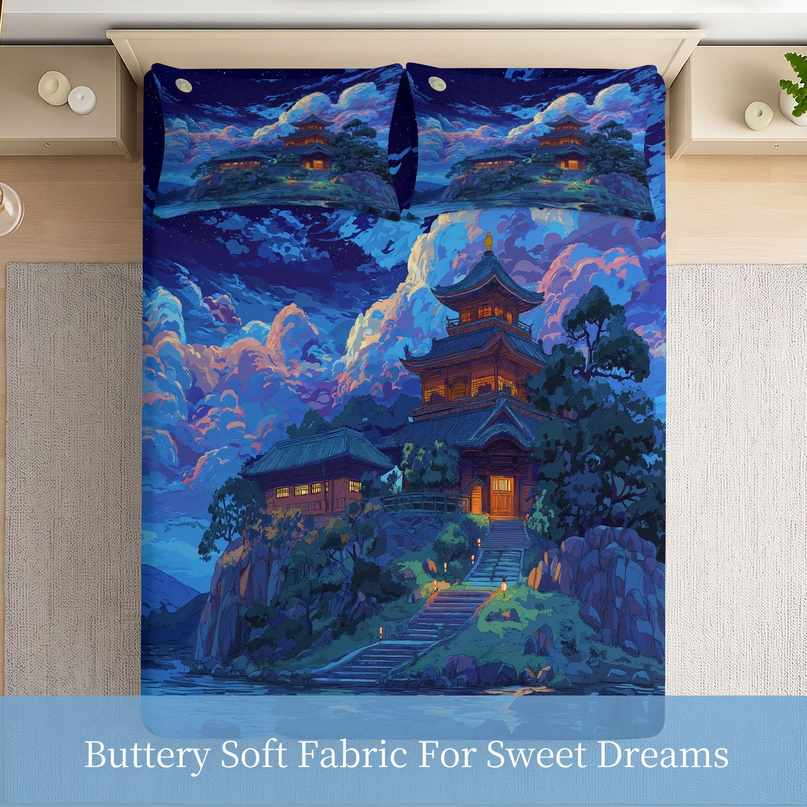 Sábana bajera ajustable de microfibra suave estilo japonés anime 180 x 200 cm, para niños y adolescentes, resistente a la decoloración, con bolsillo profundo de 30 cm, color azul