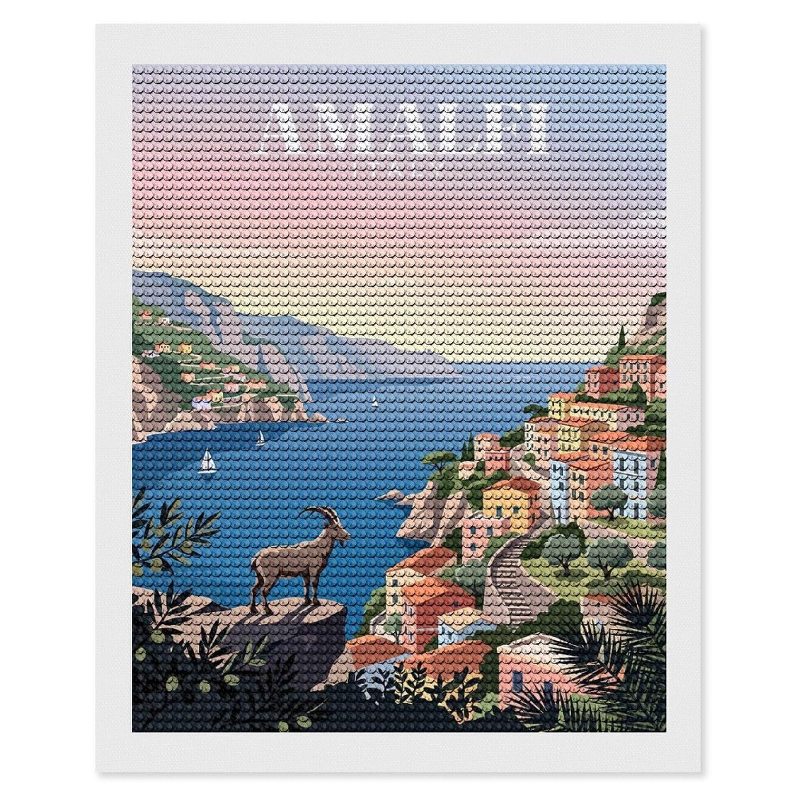 Junmoney Amalfi Coastline Diamond Art Kit 16"x20", Vintage Style Decor, Stress Relief Craft, Decor Project, Relaxing DIY, Creative Hobby