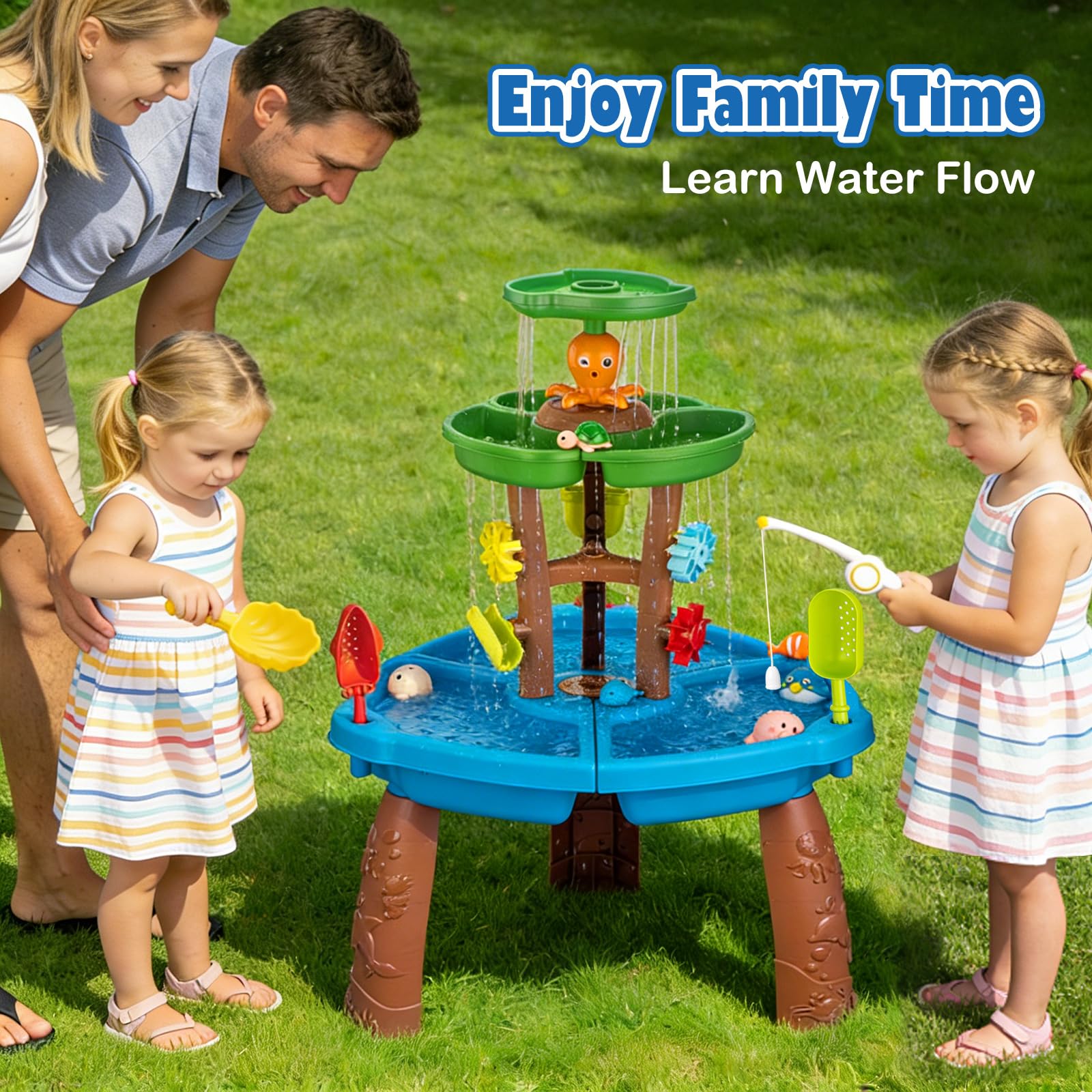 VROGTIK Wassertisch für Kinder, Mehrstöckiger Sand- und Wassertisch mit Angelspiel & Meerestier-Zubehör, Wasserspieltisch für Kleinkinder 3-12 Jahre, Outdoor Wasserspielzeug für Garten Terrasse