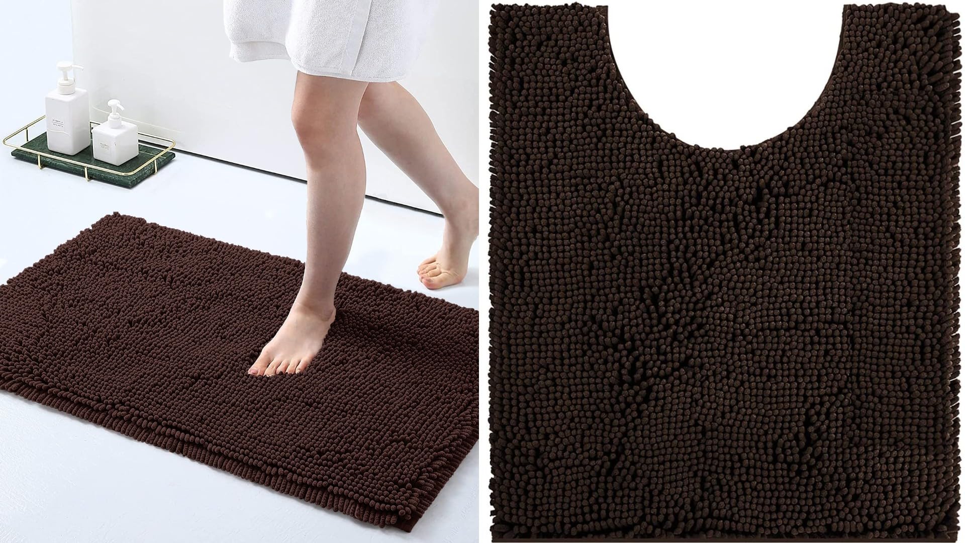 Smiry Luxury Chenille Bath Rug and U-Shaped Toilet Bathroom Rugs, Extra Soft and Absorbent Shaggy Bathroom Mat Rugs, Machine Washable, Non-Slip Plush Carpet(Brown)