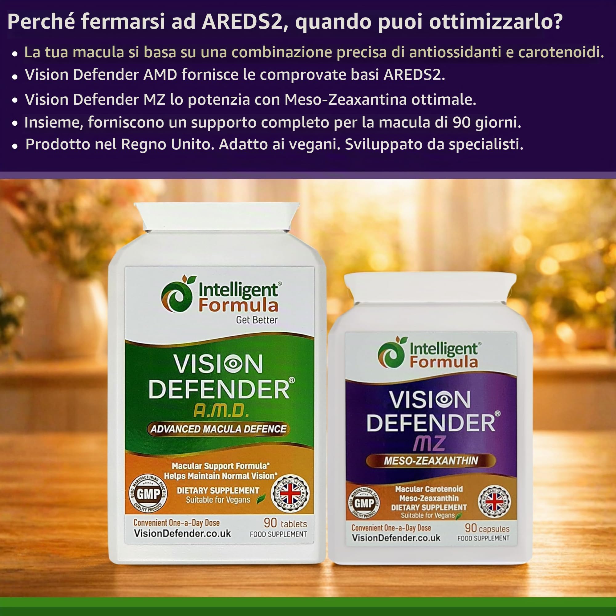 Vision Defender Advanced & MZ Bundle Benessere Oculare - Formula AREDS2 Luteina Zeaxantina Meso-Zeaxantina - Vitamine Occhi Vegane - 90 Giorni 180 Capsule - UK