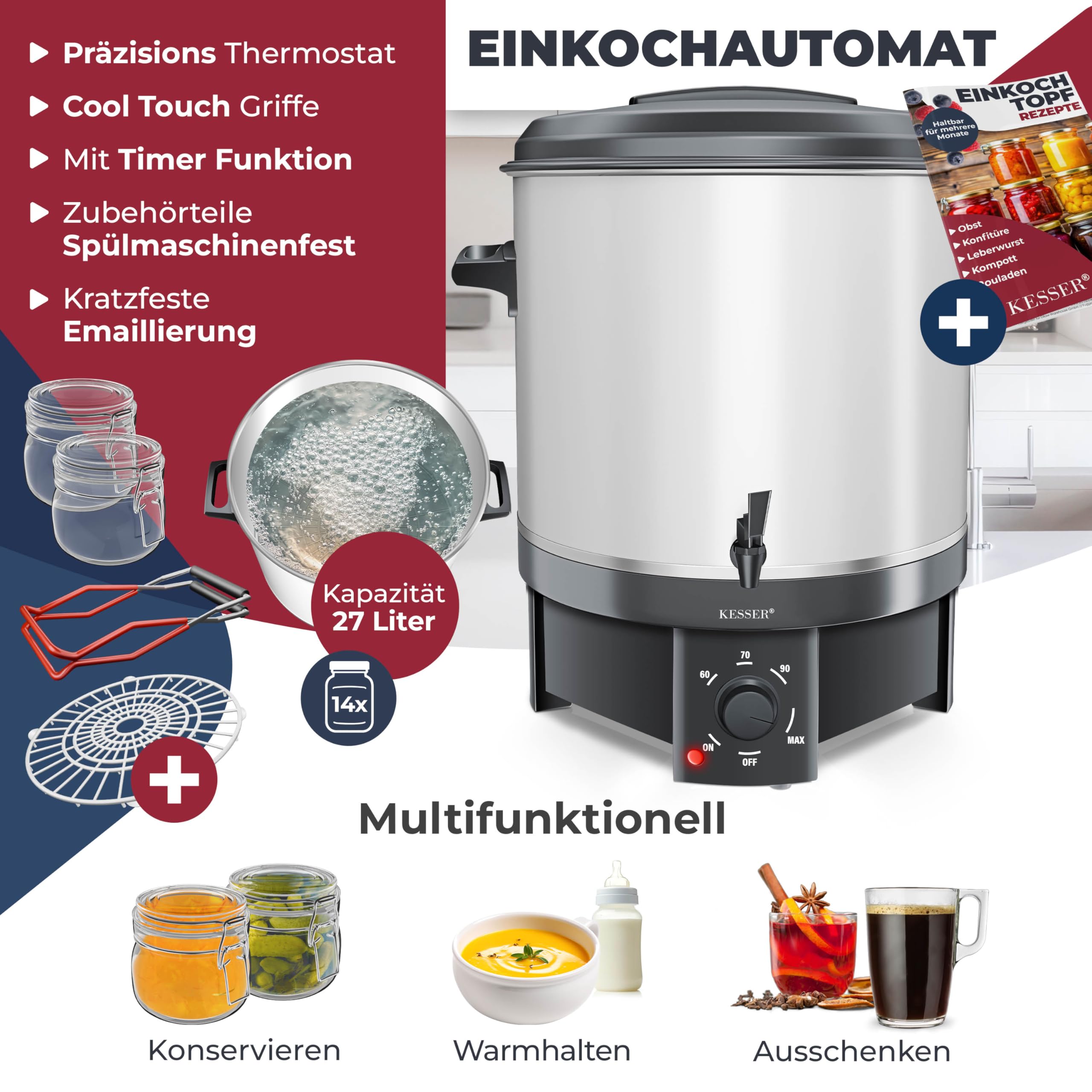 KESSER Einkochautomat 27 Liter, Edelstahl| 1800 Watt | Temperatur von 30-100°C | Dauerbetrieb | Abschaltautomatik Einkochvollautomat Heißgetränkeautomat Glühweintopf mit Zange & 2 Gläsern, weiß