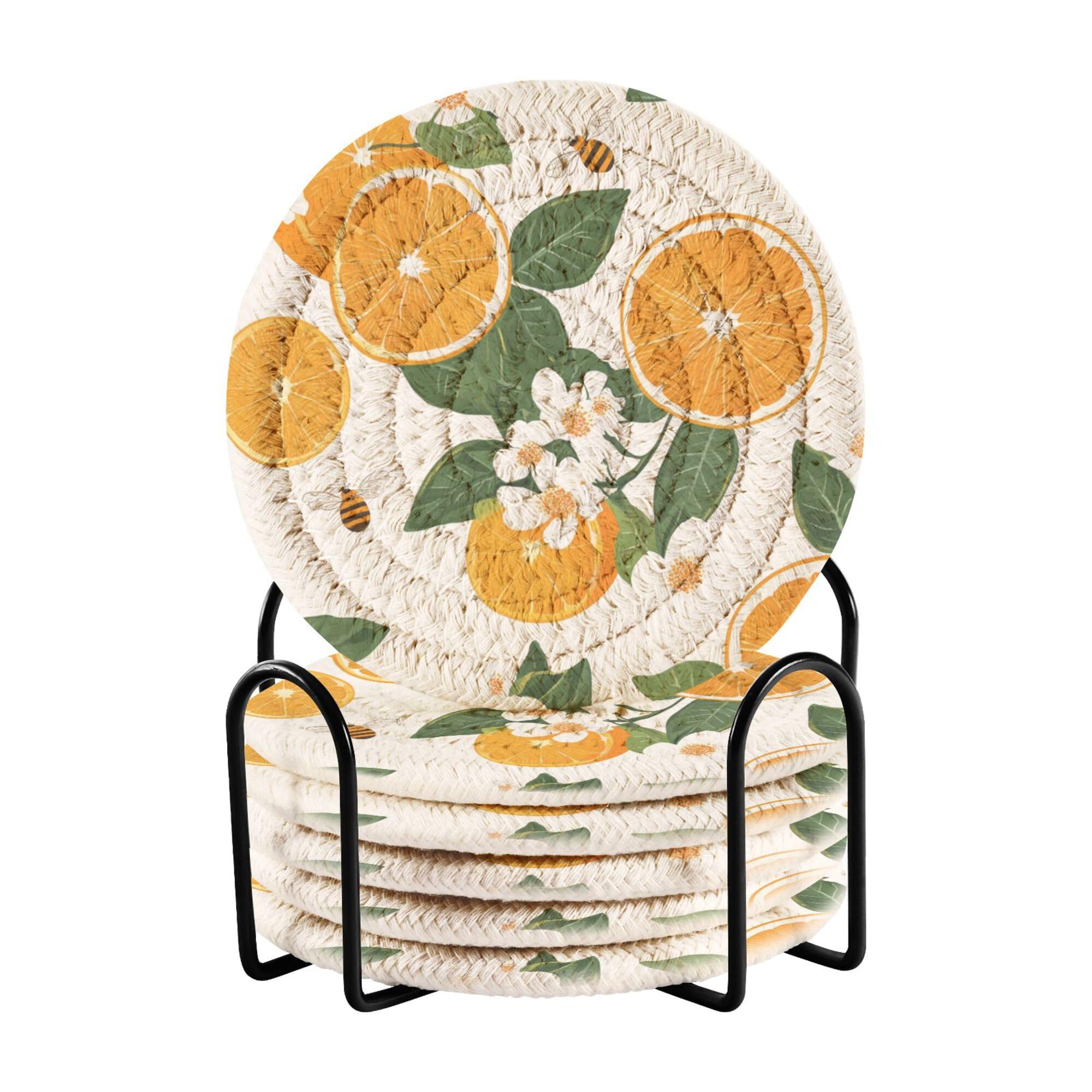 Sweet Oranges Fruit White Cotton Rope Absorbent Drink Coasters Set of 6 with Holder Table Cup Coasters