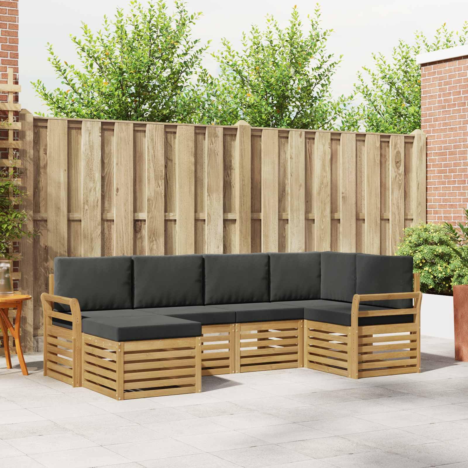 Set di mobili da giardino 6 pezzi in legno di acacia massiccio con verniciatura resistente alle intemperie, per terrazza, balcone e giardino, set modulare con comodi cuscini, design moderno