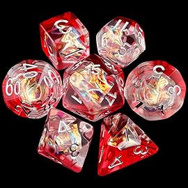 Haxtec Red Clear DND Dice Set 7PCS Filled Resin Polyhedral D&D Dice W/Iridescent Mylar Inclusion for Roleplaying Games Compatible with Dungeons and Dragons Gift