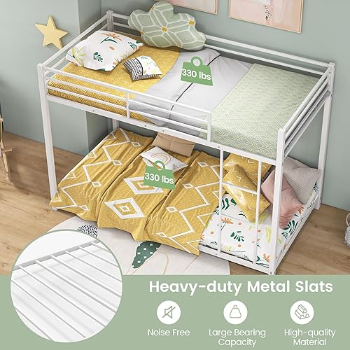 Miniatura 3 de Giantex Litera de metal individual sobre individual, marco de litera de perfil bajo con escalera y barandilla de longitud completa, marco de cama de