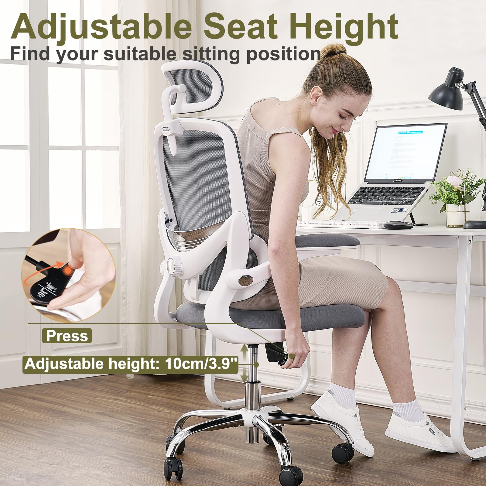 Silla Ergonómica para Oficina, Silla de Escritorio Respaldo Alto de Malla, Soporte Lumbar Ajustable, Reposabrazos Abatible, Reposacabezas Desmontable, Silla Giratoria para Juegos, 150 KG