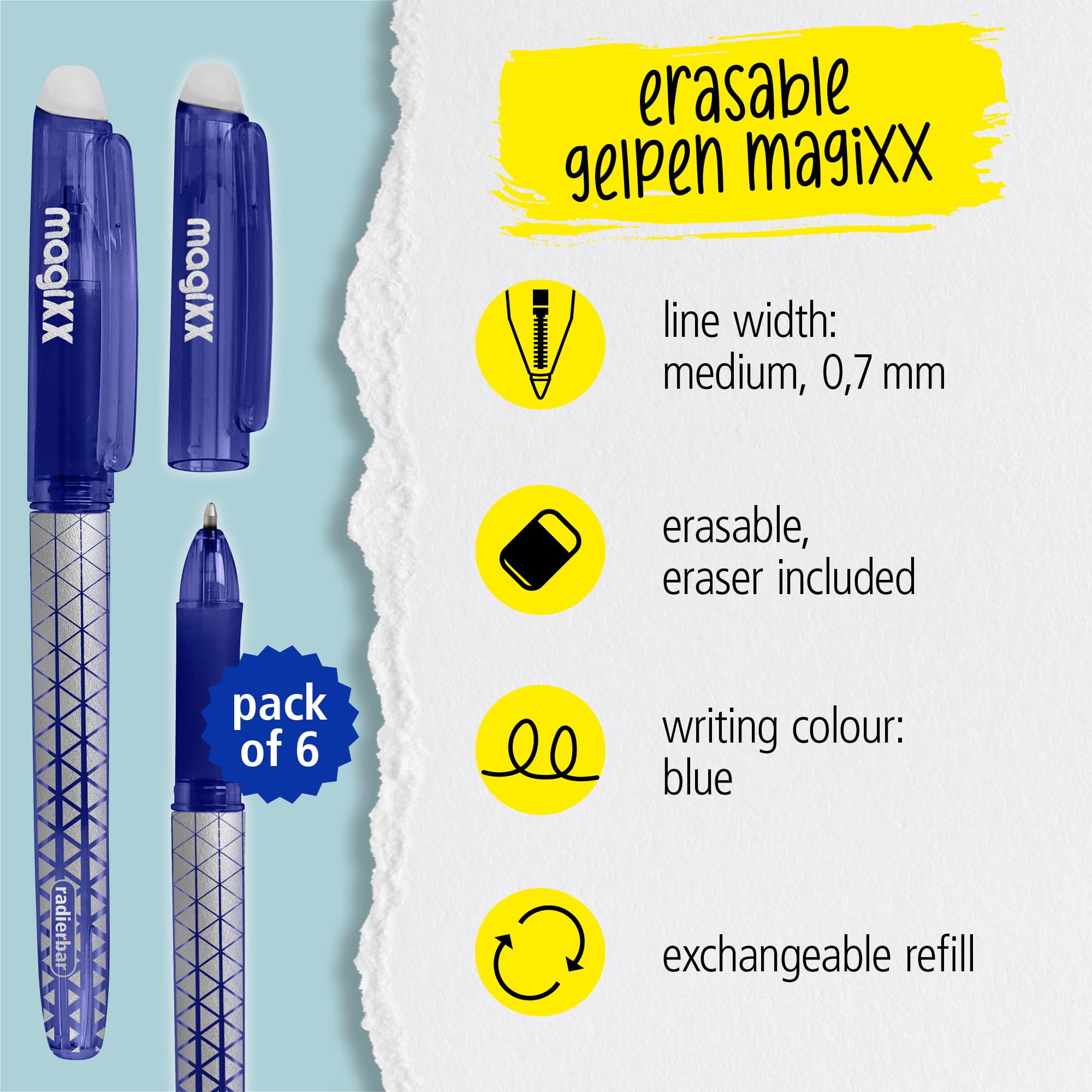 Online MagiXX Erasing Pens, 6 x Gel Pens Blue with 0.7 mm Line Width - Image 2
