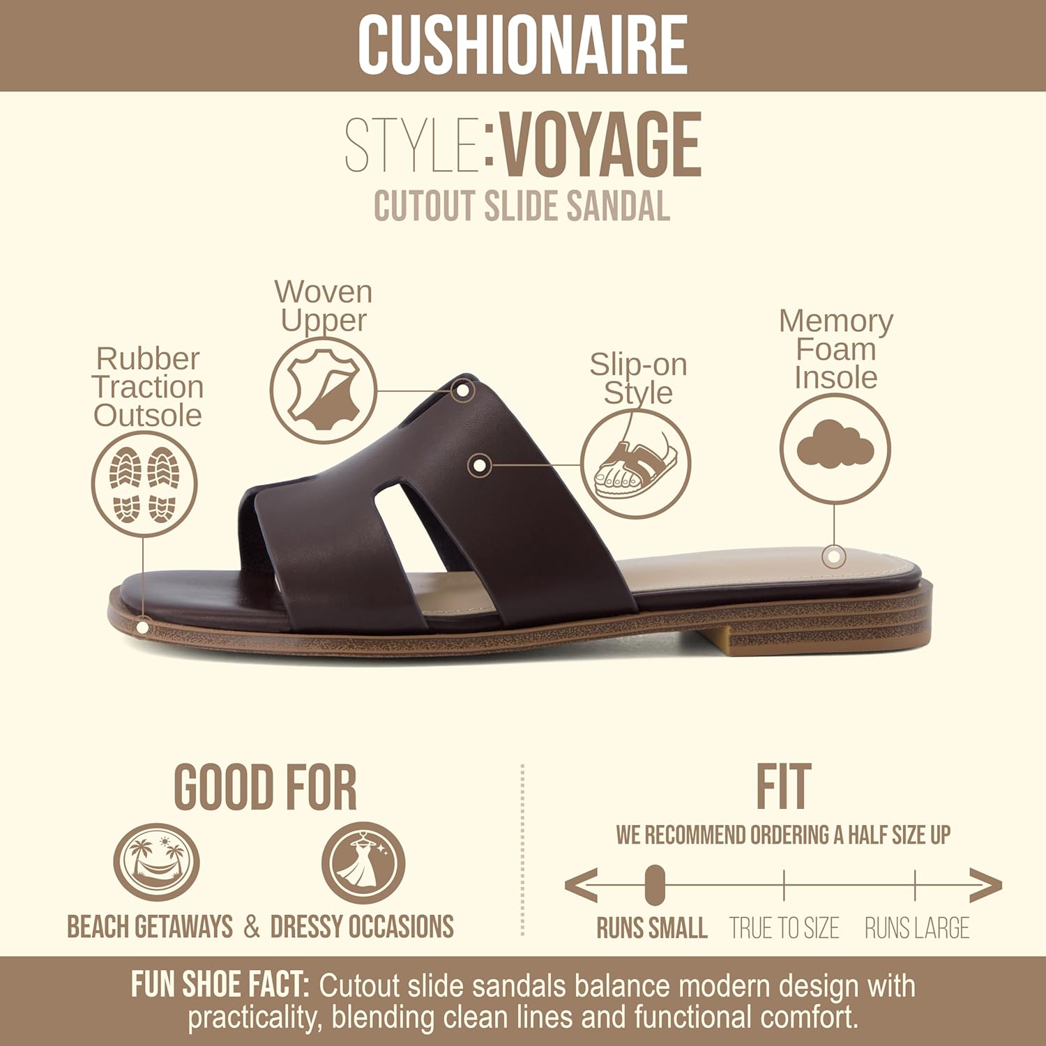 CUSHIONAIRE Voyage Cutout Strap Slides for Women, Slip On Summer Flats, Trendy Footwear, Memory Foam Vegan Leather Comfortable Vacation Style Sandals