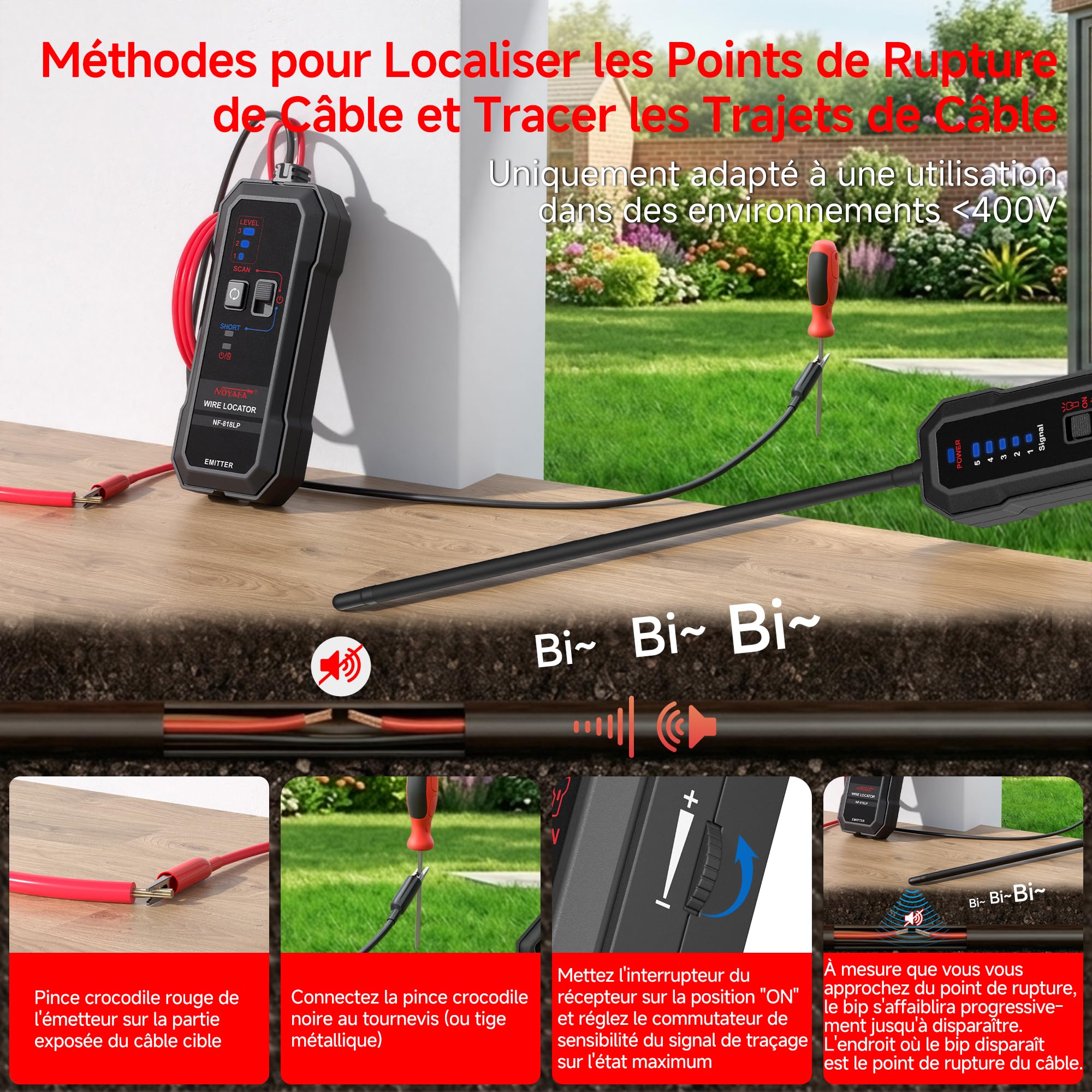 NOYAFA NF-818LP Localisateur de Fil Souterrain, Détecteur de Rupture et Court Circuit pour Câbles, Traceur de Fil pour Clôture Invisible Chien, Réseaux et Irrigation