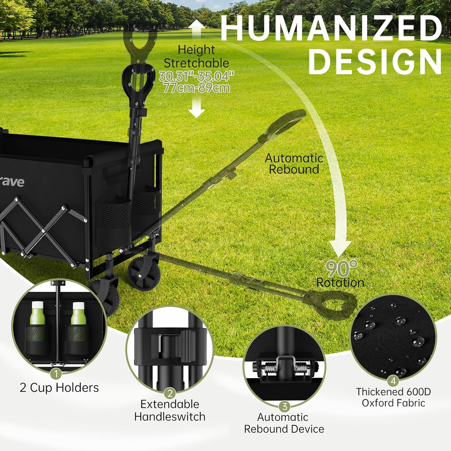 Folding Wagon Cart with All-Terrain Wheels, Collapsible Wagon with 380LBS Capacity, Portable Lightweight Shopping Cart for Groceries, Apartment Living, Camping & Beach (Black) - Image 6