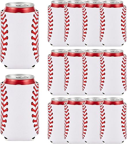 Paquete de 12 fundas de béisbol para latas de cerveza de neopreno, aislador, suministros de fiesta de cumpleaños, suministros reutilizables para