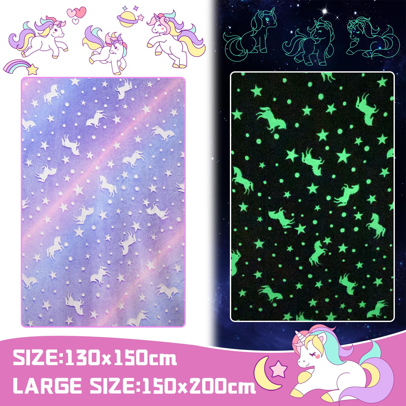 HSGLGNA Coperta per bambini, con unicorno, luce al buio, idea regalo per ragazze, super morbida e calda, coperta da letto, con unicorno, colore: rosa (Viola, 150 x 200 cm)