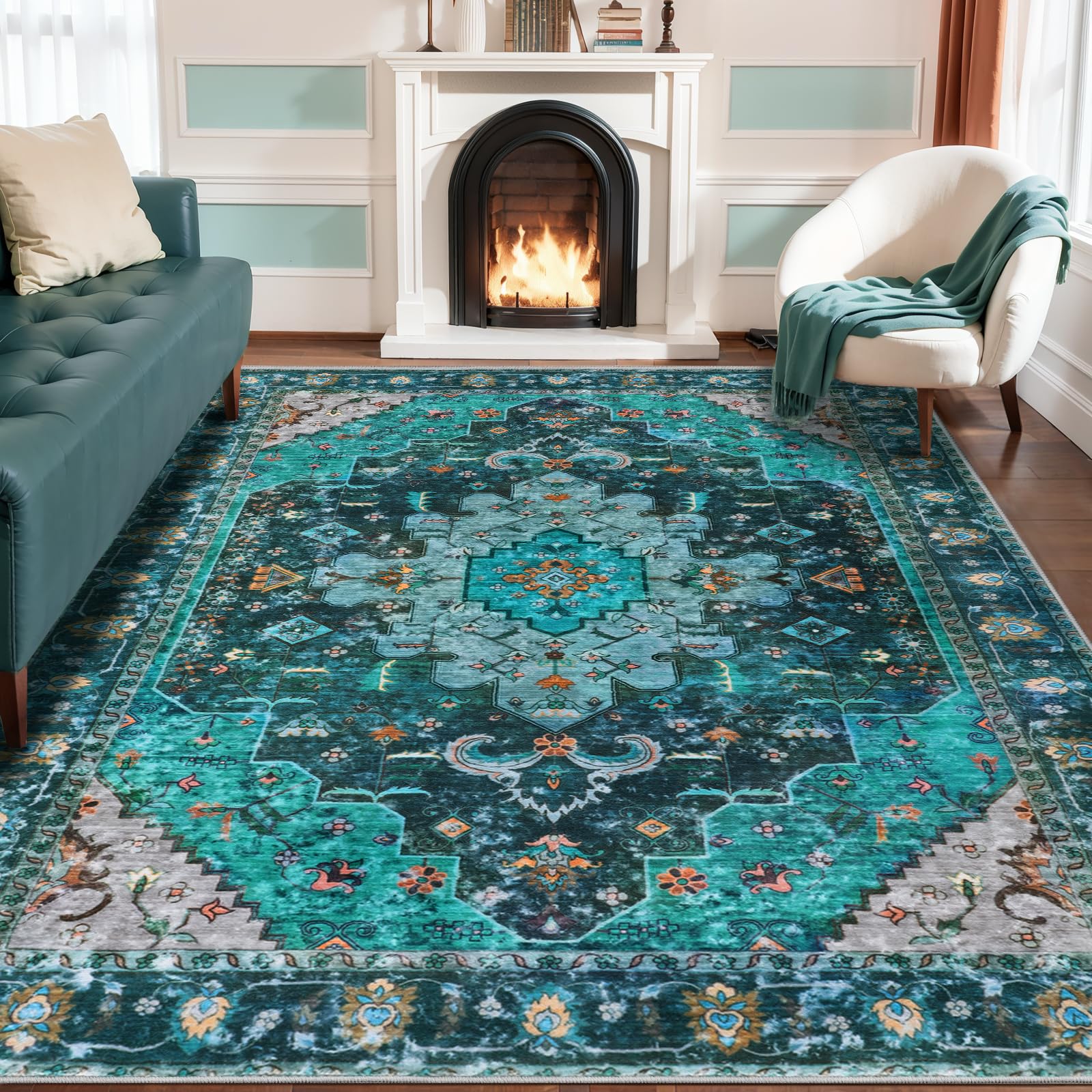 Ciicool Vintage Area Rug 8'x10' Oriental Print Rugs for Bedroom, Living Room, Under Table, Office, Entryway (Teal/Multi)