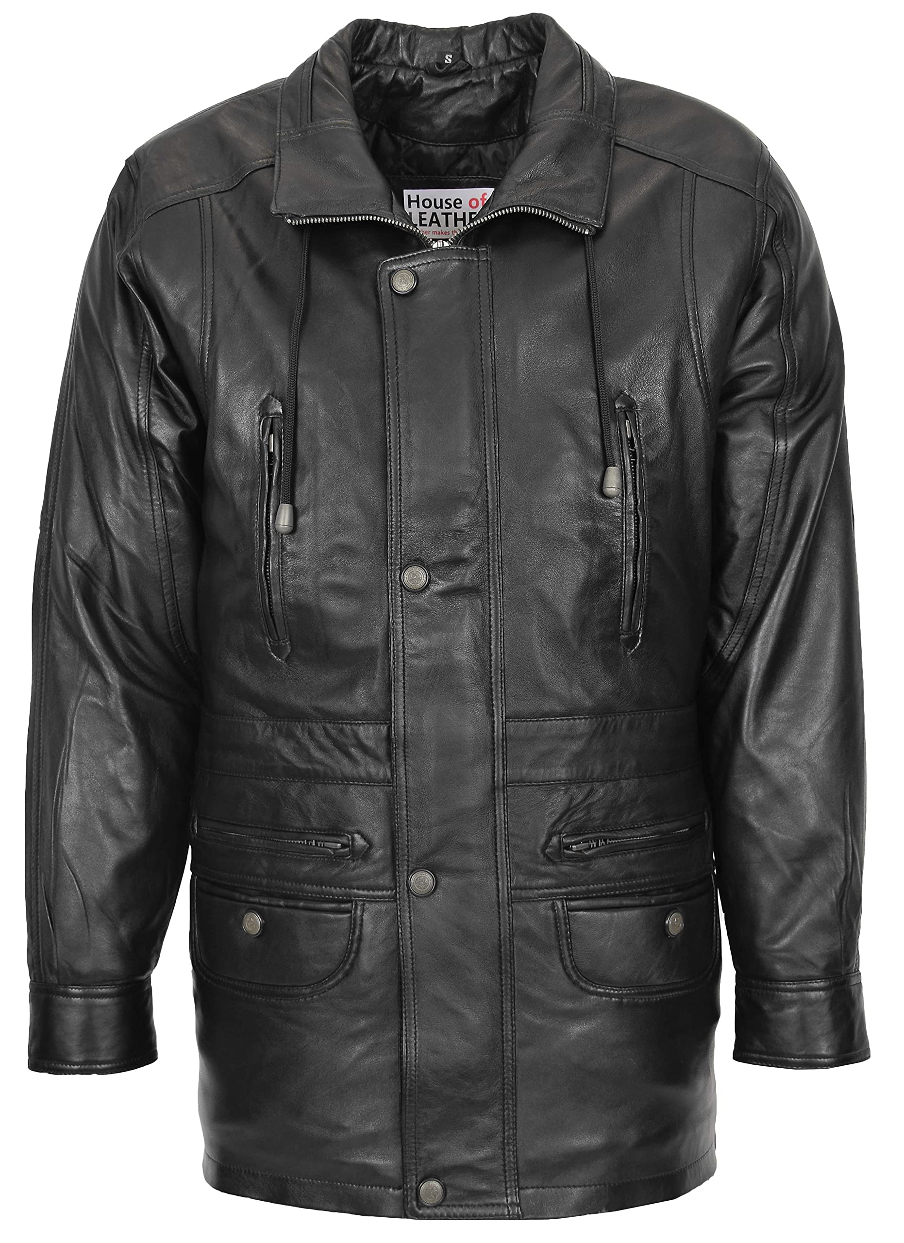 Mens Real Leather Coat Winter Overcoat Classic Style Jason (2XL, Plain Black)