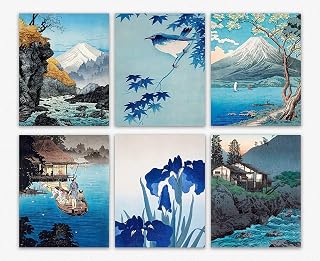 Japanese Woodblock Wall Art - Set of 6 Blue Themed Home Decor, Famous Bedroom & Living Room Art (8 x 10)
