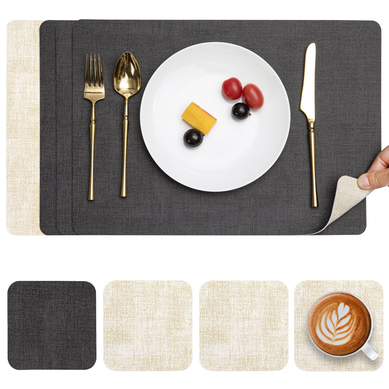 Myir JUN Placemats and Coasters Set of 4, Place Mats Dual Sided Faux Leather Table Mats PU Indoor Outdoor Heat Resistant Placemat Square Non Slip Wipeable Washable Dining Restaurant