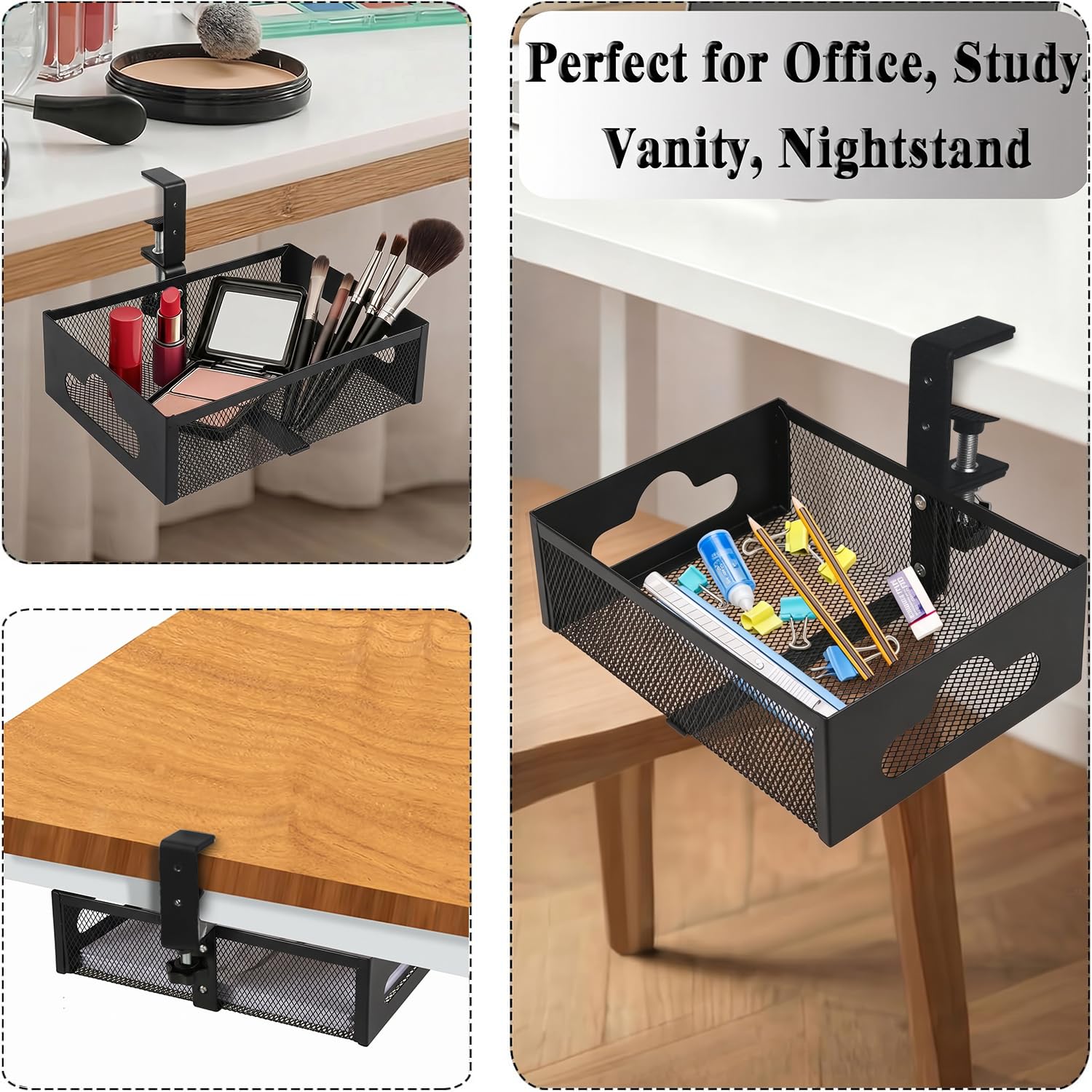 Organizer da scrivania con rotazione a 360°, installazione a morsetto senza trapano, robusto cassetto portaoggetti in rete per casa, ufficio, matite, forniture artistiche e altro (nero)