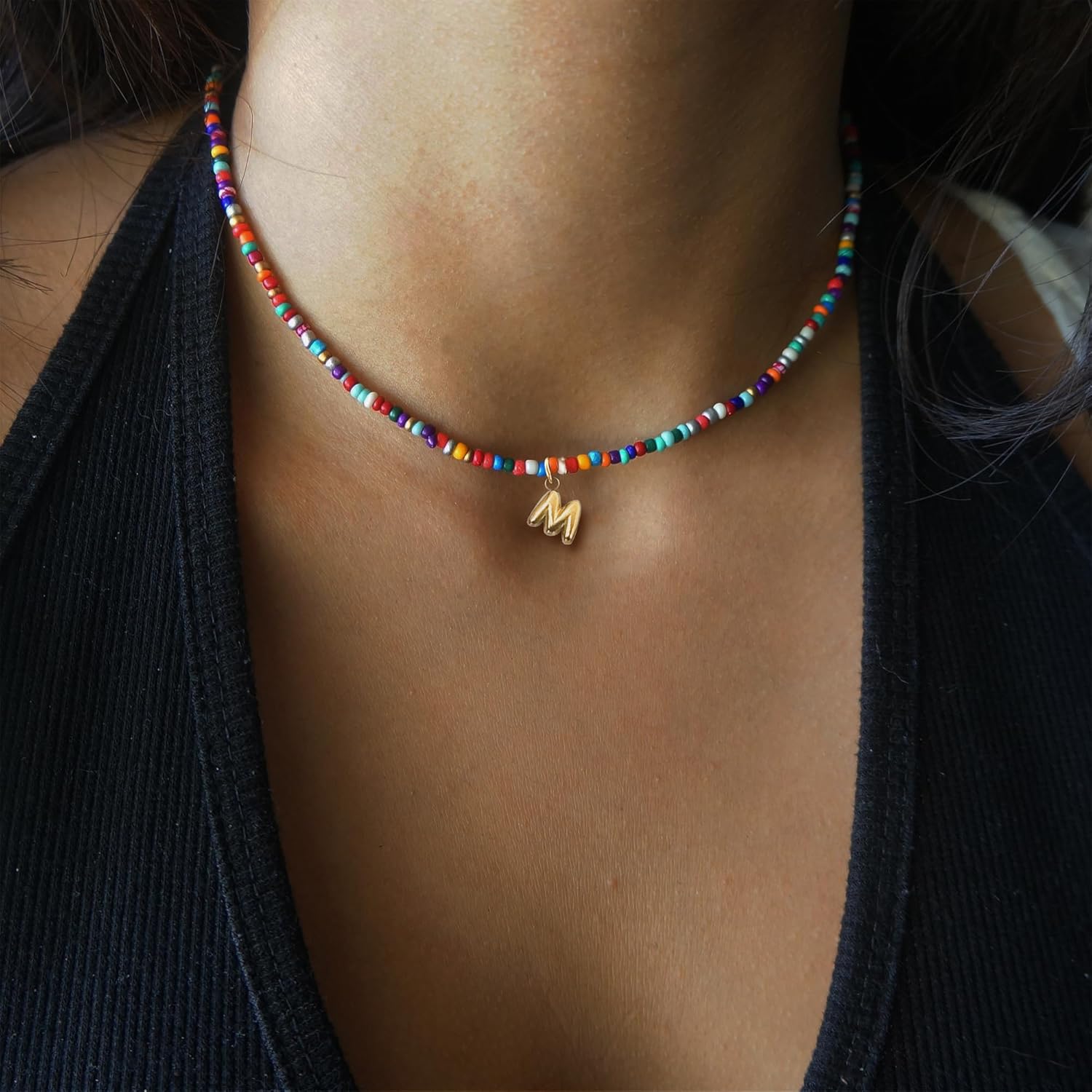 Colorful Initial Necklaces for Women, Cute Gold Bubble Letter Necklace 14K Gold Plated Beaded Initial Choker Necklaces for Women Trendy Simple Personalized Name Necklace Fashion Womens Jewelry - Image 4