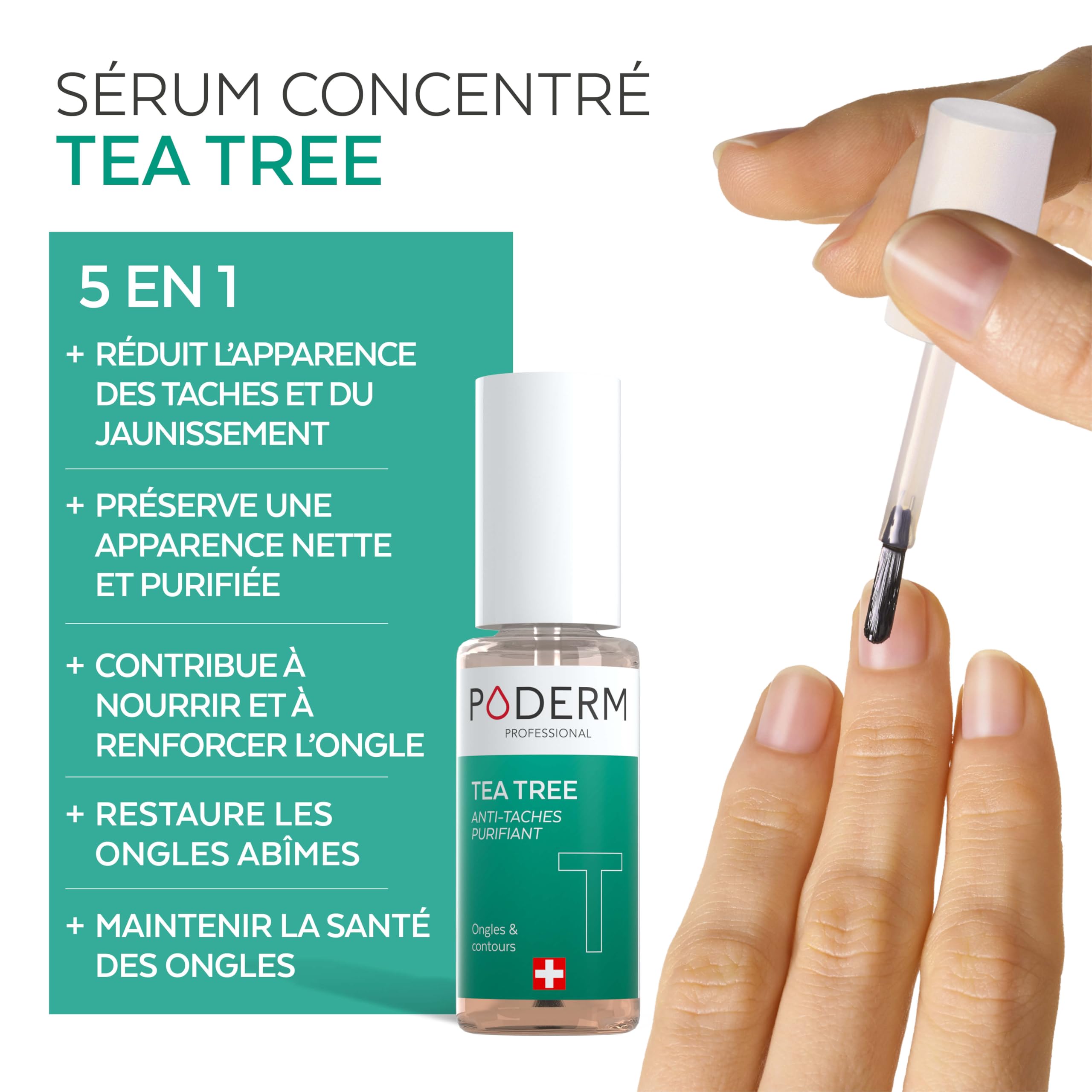 Poderm 5 en 1 Sérum Booster Ongles - Tea Tree | Soin Anti-Tâches & Réparateur pour Ongles Abîmés - 6 ML | Nourrit & Clarifie | Huile Essentielle 100% Naturelle | Développé par un Podologue en Suisse