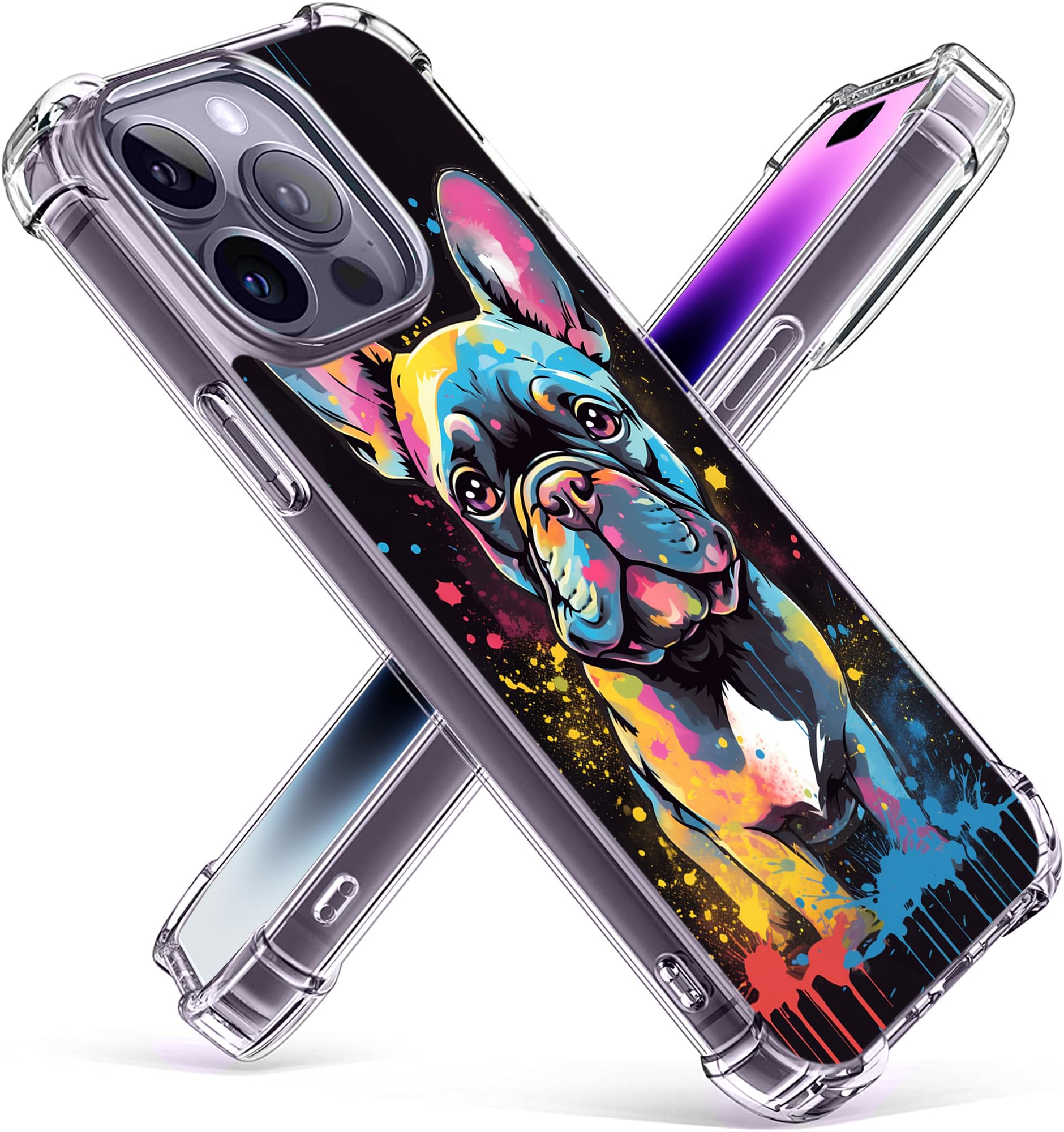 Gifun Hard PC Bumper Shockproof Clear Soft Slim Design Pattern Case for iPhone 14 Pro 6.1inch Cover - Color Graffiti French Bulldog