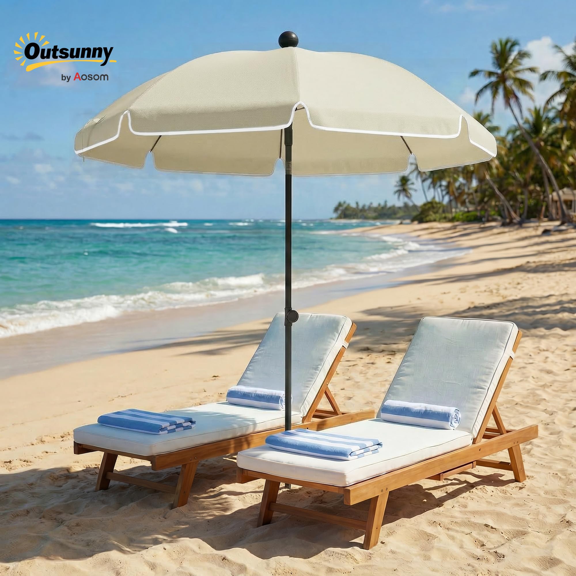 Outsunny Sonnenschirm Strand Ø150 cm Strandschirm mit Sonnenschutz wasserabweisend faltbar mit Sandanker und verstellbarer Neigung Tragetasche für Camping Reisen Strand Beige