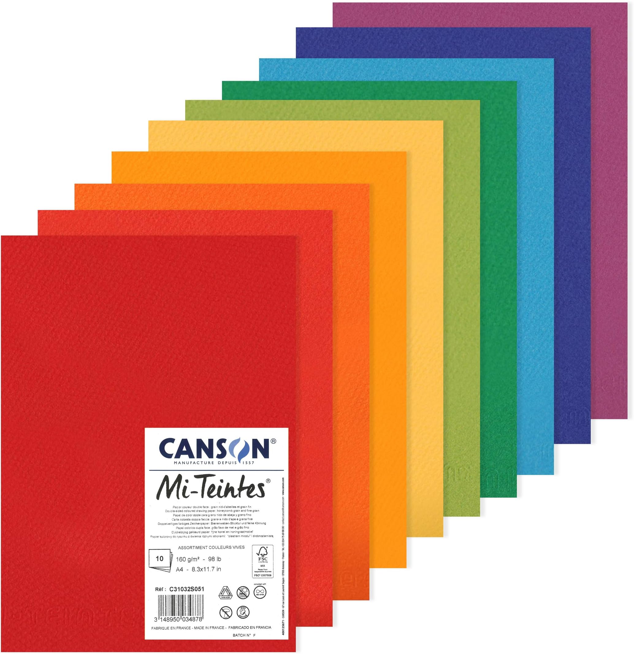 Mi-Teintes Coloured Drawing 160gsm A4 Paper Pack, Double Sided: Honeycomb & Fine Grain, 10 Bright Colour Sheets, For Professional Artists & Illustrators