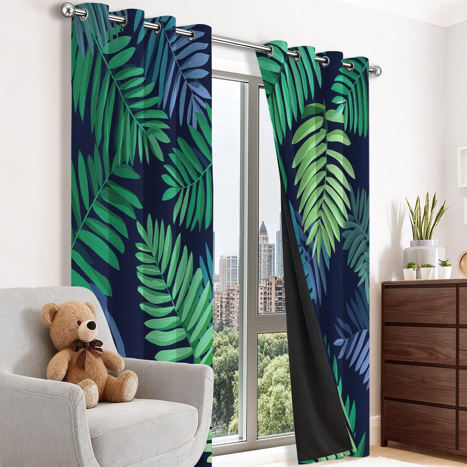 Minimalistyczne rośliny, liście palmowe, wzór nieprzejrzyste, wys. 215 x szer. 110 cm (zestaw 2 szt.), ochrona przed zimnem do standardowej sypialni, ciemnoniebiesko-zielone