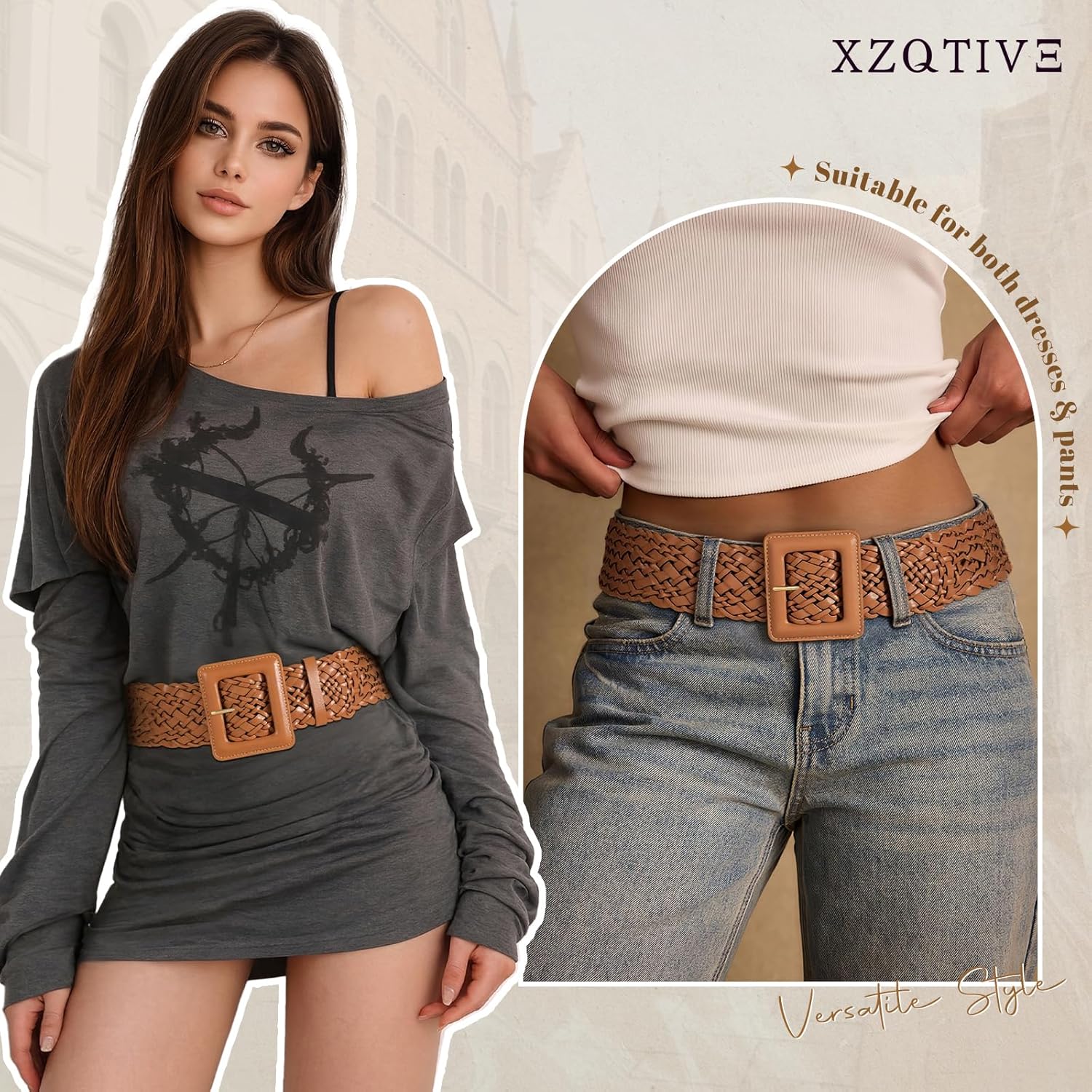 XZQTIVE Women Wide Belt for Dresses Fashion Thick Braided Leather Belts with Square Buckle, Woven Waistband for Ladies - Image 4