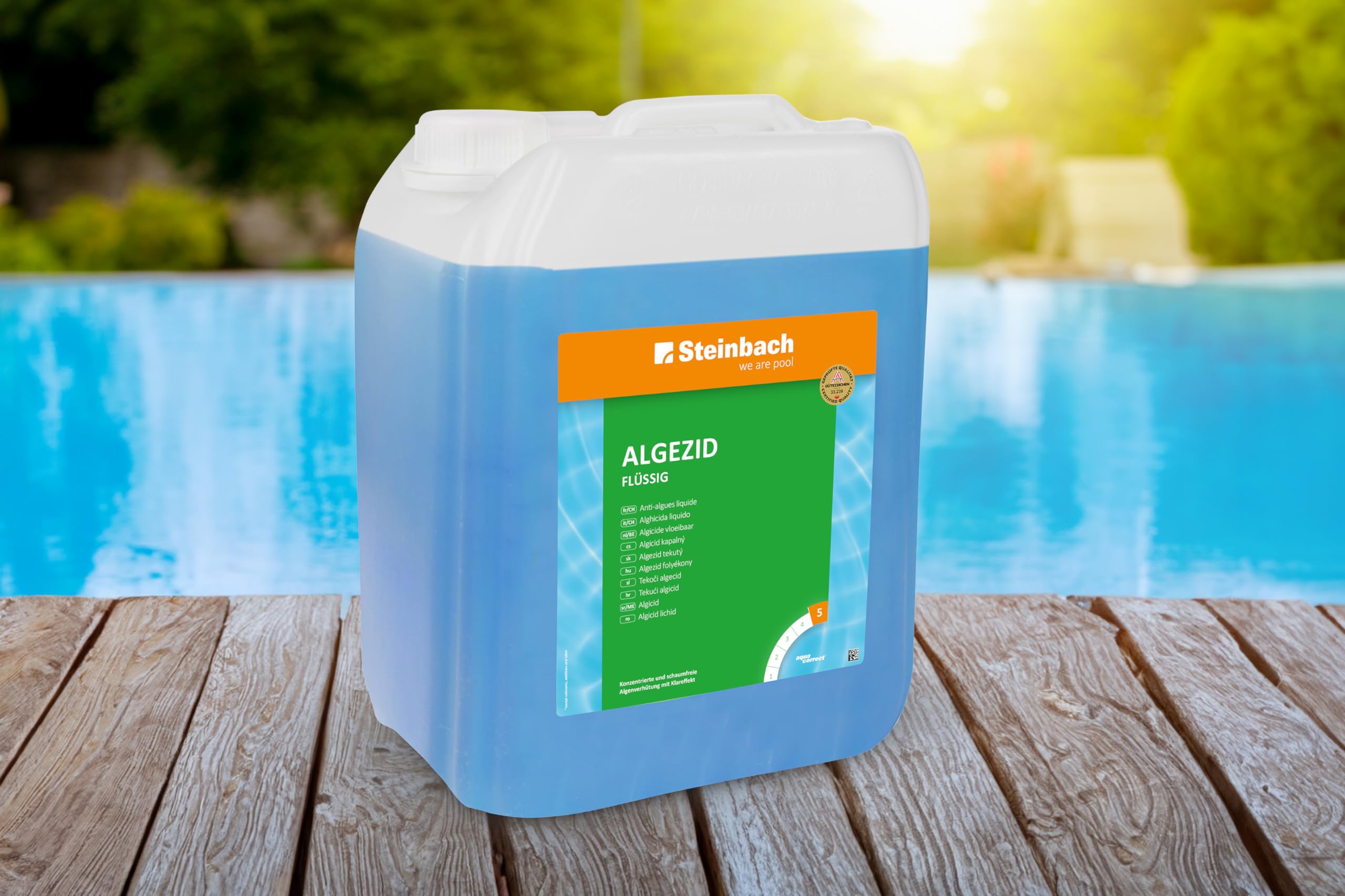 STEINBACH 0753505TV00 - Algécide Liquide d'entretien de Piscine - 5 l - sans Mousse et hautement concentré - Empêche la Croissance des algues et élimine la turbidité - pour Une Eau Claire avec Effet