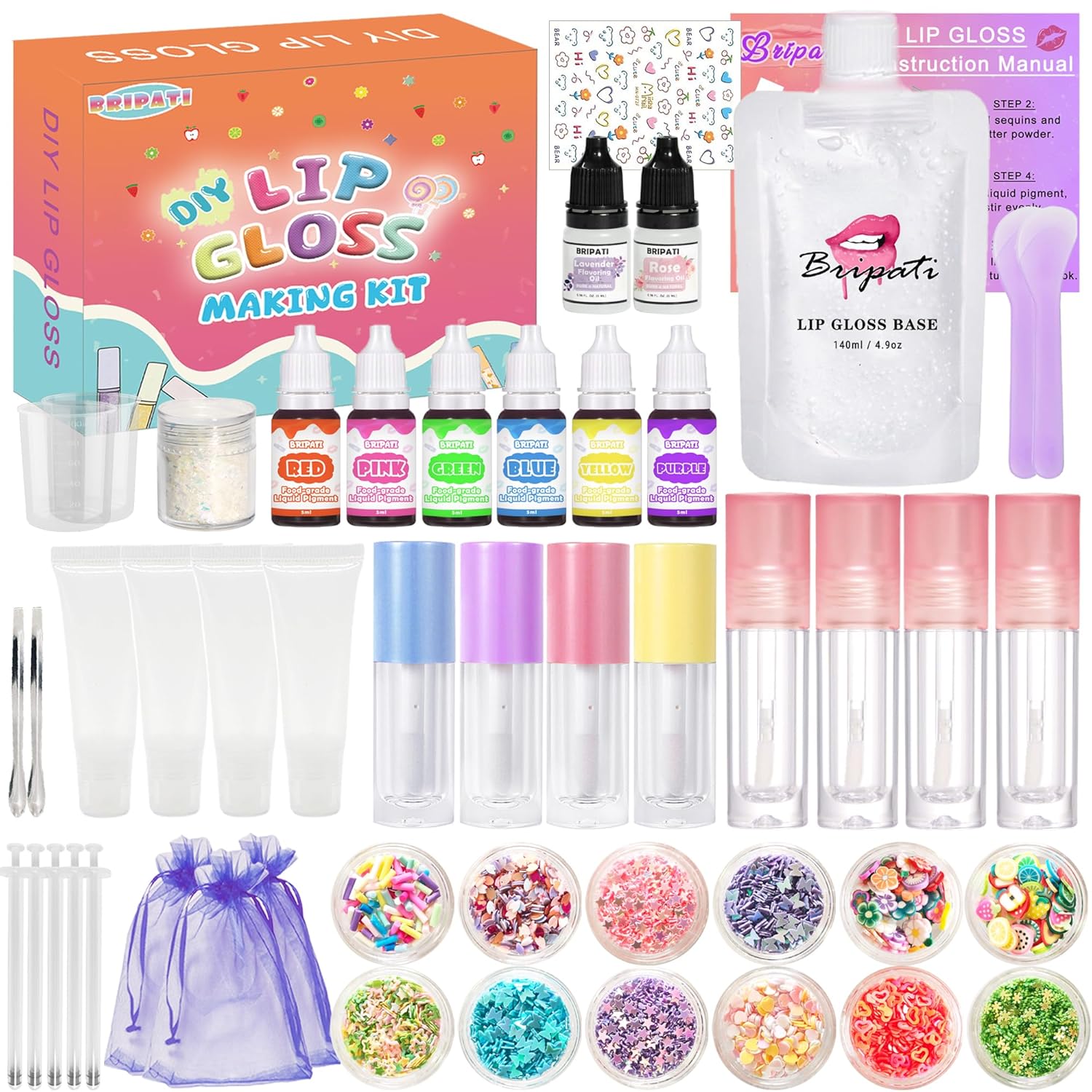 DIY Lip Gloss Making Kit – All-in-One to Make Your Own Lip Care Gloss Set with Clear Base, Pigments, Glitter, Tubes, Fun Creative Gift for Women Girls Makeup Lovers in Christmas Birthdays