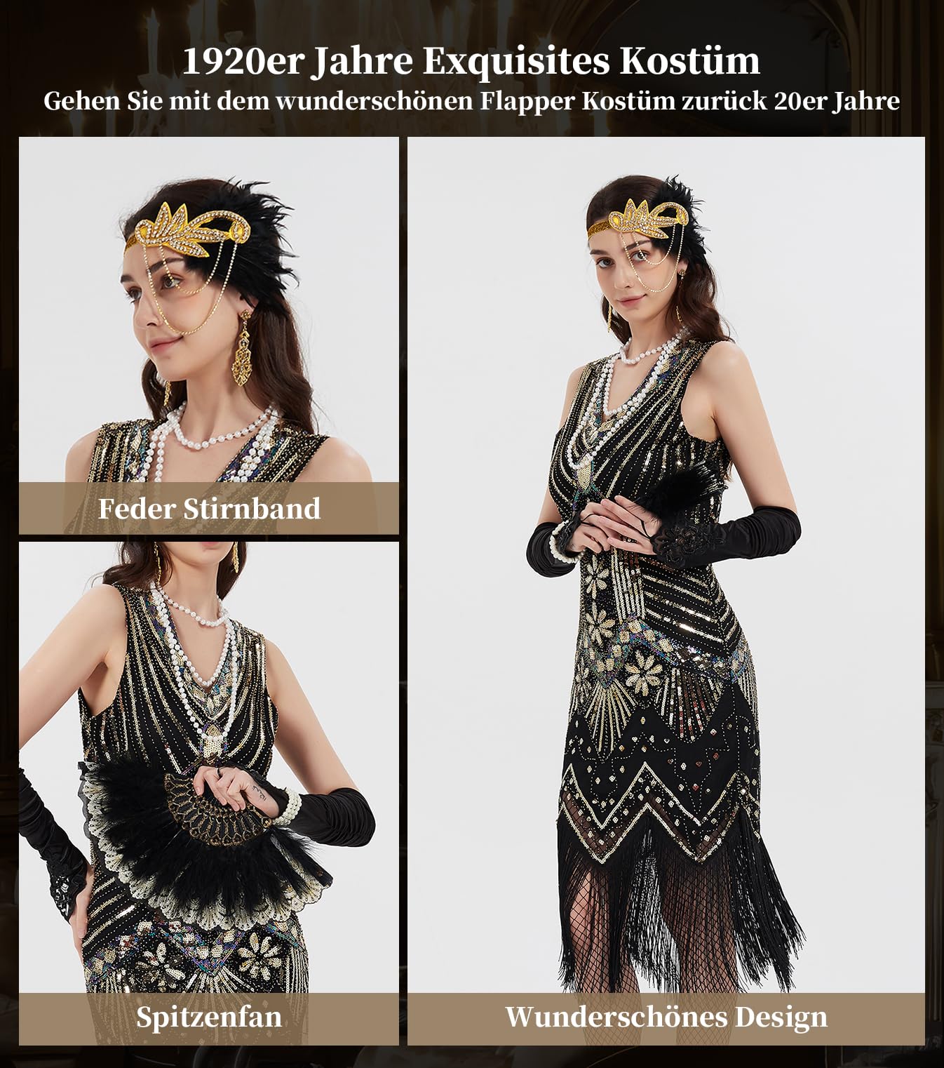 WILDPARTY 1920s Dresses for Women Flapper Dress Lace Fan Fether Headband Sequins Beads Fringes 20s Accessories Vintage Mafia Costume BlackGold S - Image 3