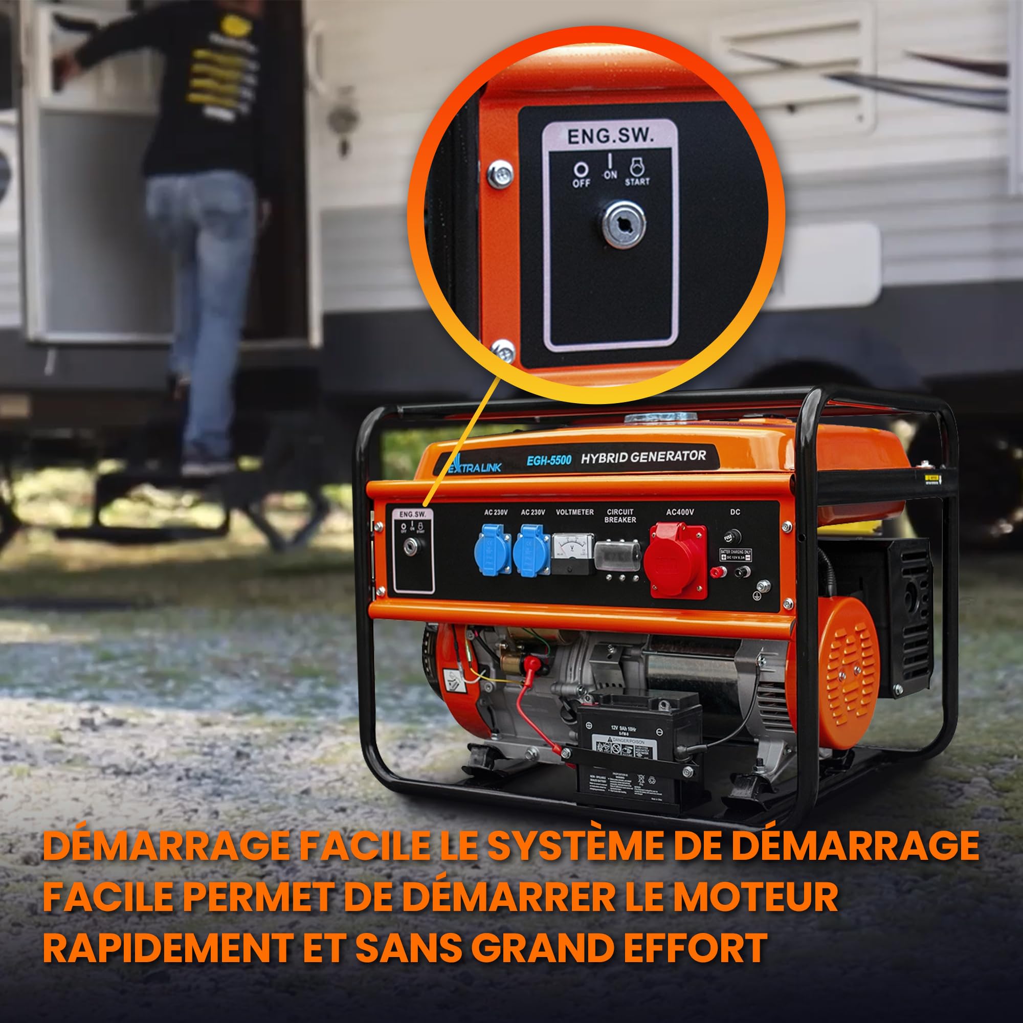 Extralink Groupe électrogène 5500W Essence/GPL | Moteur 188F-M, onde sinusoïdale pure, 2×230V & 1×400V, démarrage électrique | mobile et silencieux pour maison et chantier