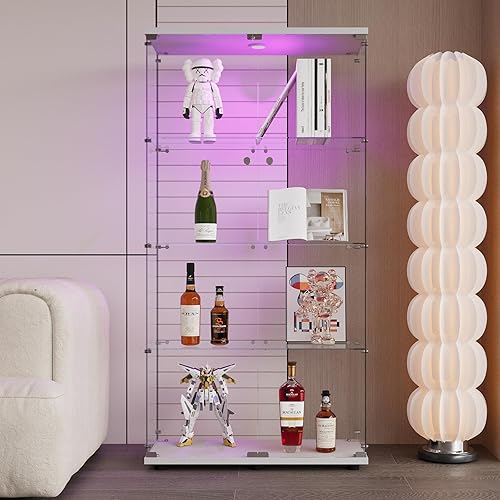 Miniatura 278 de Vitrina de cristal con 4 estantes con tira de luces LED y cerradura, vitrina de vitrina con ruedas y 1 puerta, vitrina de vidrio templado para sala