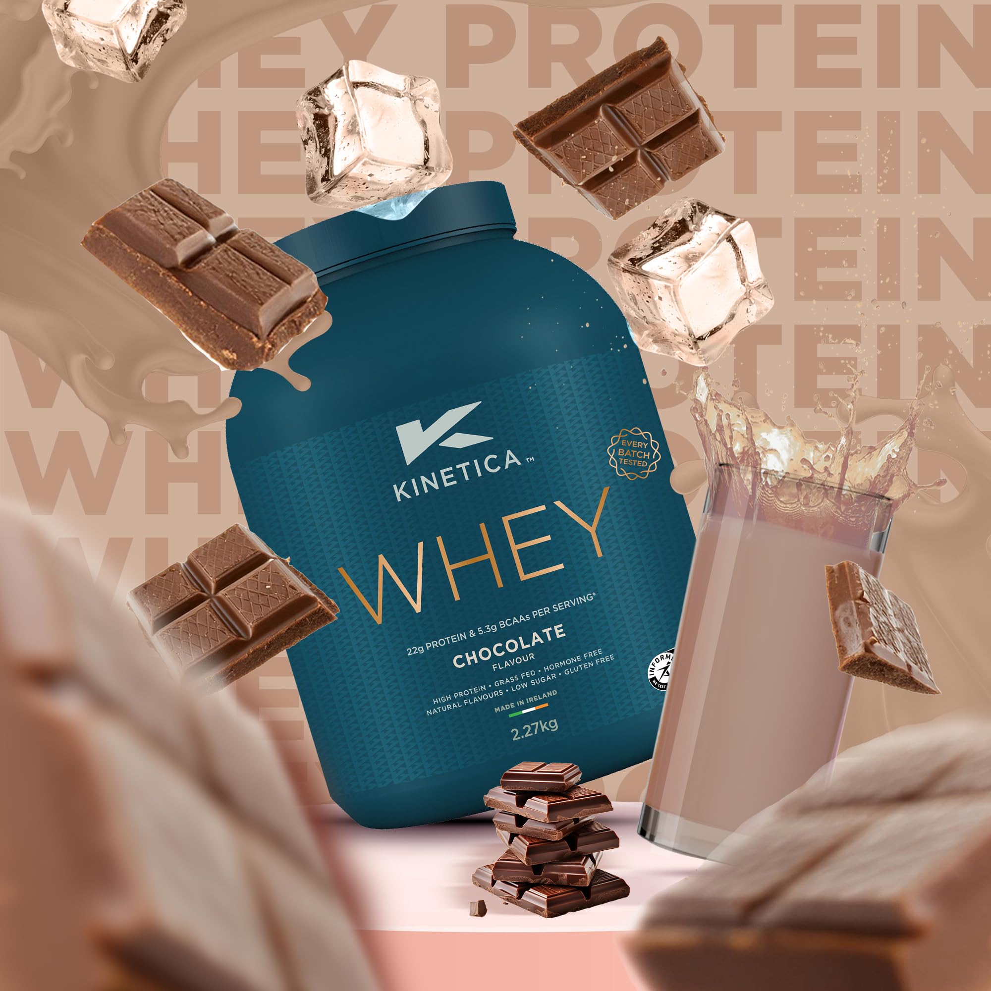 Kinetica Sports Whey Proteinpulver - Schokolade | 22g Protein/Portion, 76 Portionen/2.27kg Packung | Glutenfrei | Optimal für Muskelaufbau & Regeneration | Löst sich gut in Wasser, Milch & Shakes