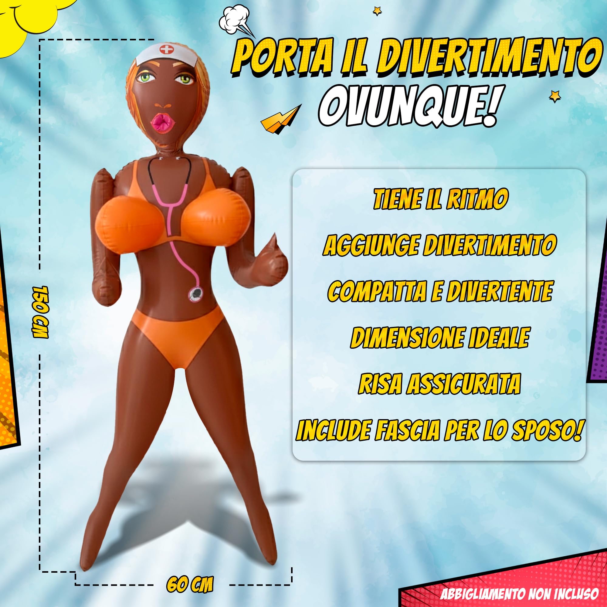 Bambola Gonfiabile Donna con Fascia per Addio al Celibato e Confezione Originale - Altezza 150 cm - Nurse Nikki