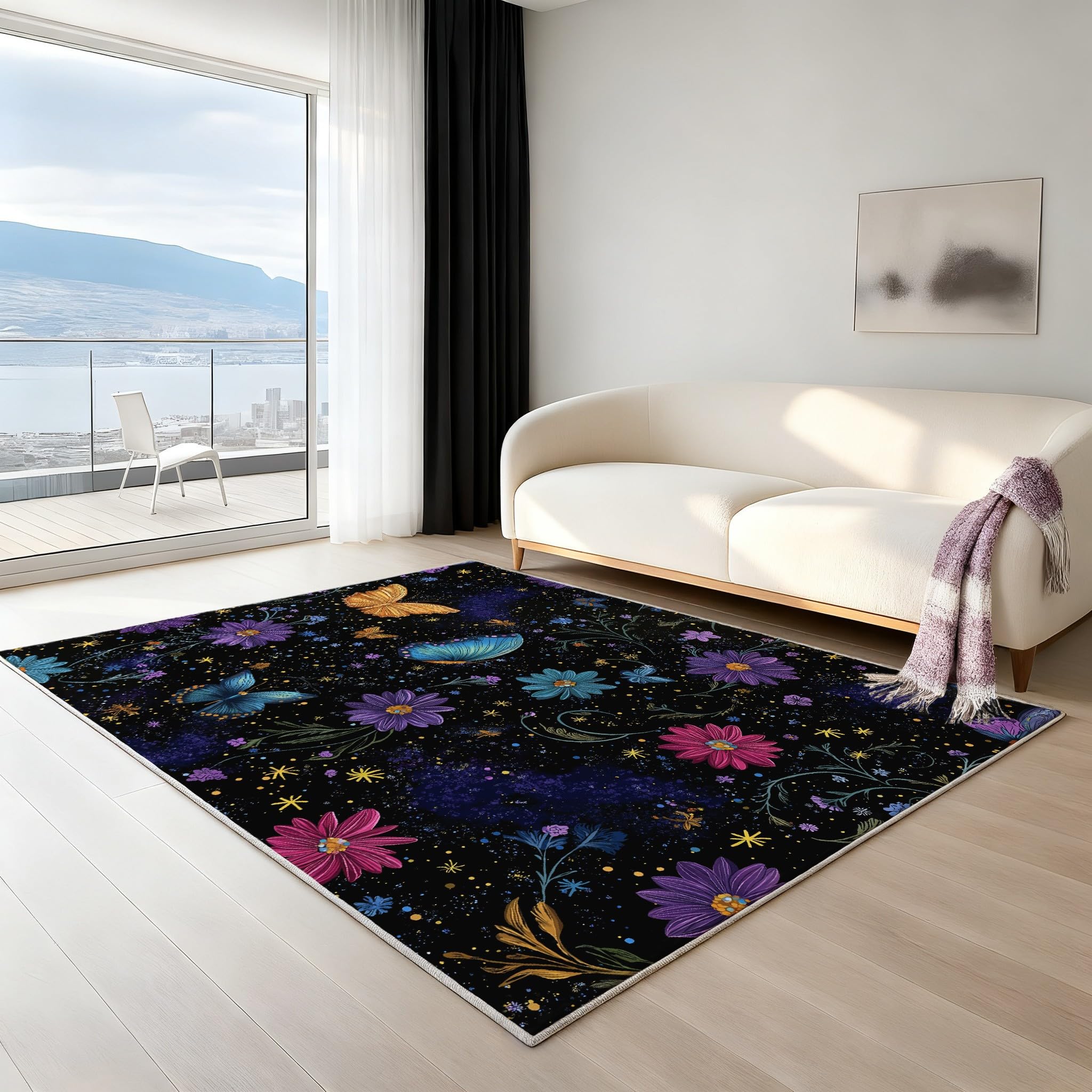 Générique Tapis De Salon Poils Ras Grand Fantaisie Espace Intérieur Antidérapant Tapis Imprimé Psychédélique Couleur Papillon Noir, Paillasson Confortablex Lavable 120 x 160 cm